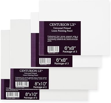 Centurion All-Media Primed Linen Panels - 6x8, and 8x10 6 Panels Each Size - 11oz Universal Primed Canvas Boards for Painting, Mounted on MDF Wood, Non-Warping, Ideal for Professional Artists