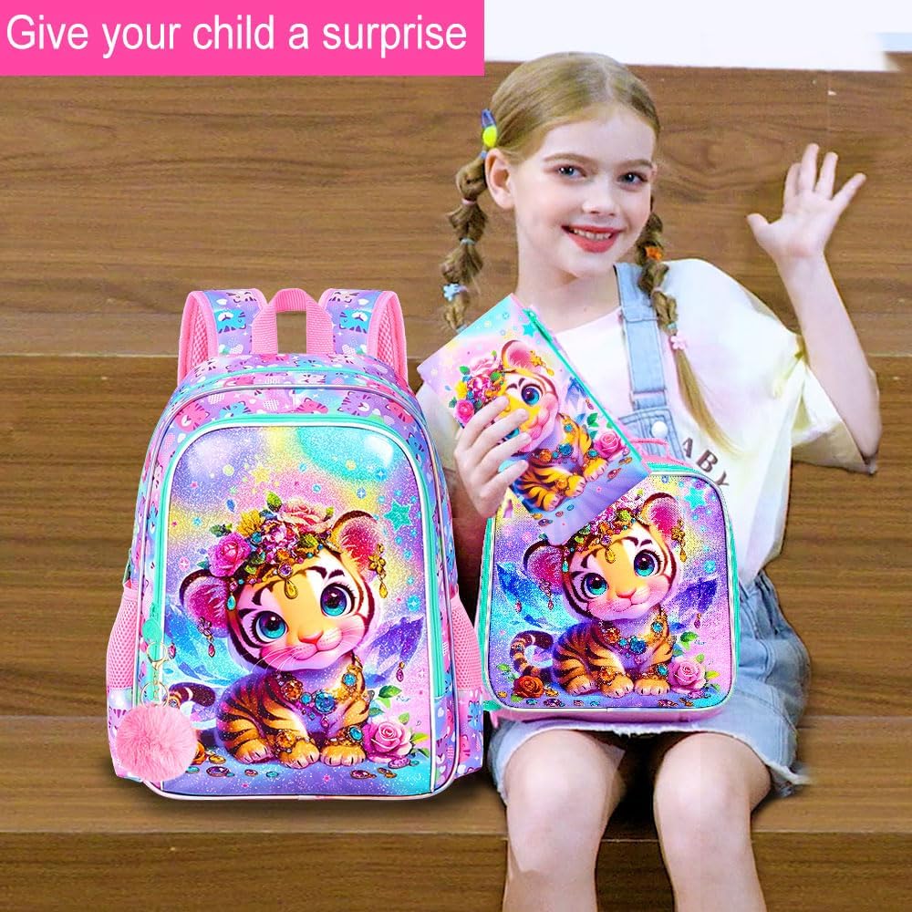 3Pcs Tiger Backpack for Girls, 16" Kids School Backpacks with Lunch Box, Bookbag for Elementary Preschool Kindergarten(Pink) - Image 2