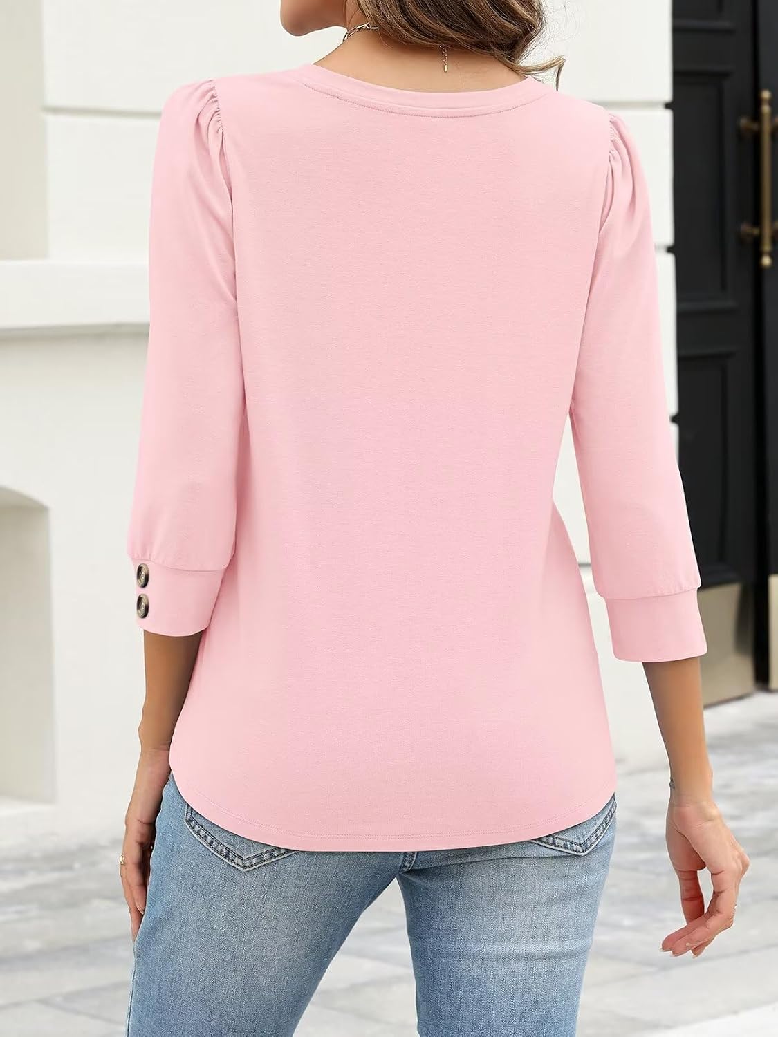 TICTICMISS Womens 3/4 Sleeve Tops Summer Puff V Neck Buttons Casual Shirts | Cotton Blend, Not Clingy, Puff Sleeve, Cuff Buttons, Loose Fit, All Season, Layering, Easy Care, Vacation, Casual Outfits