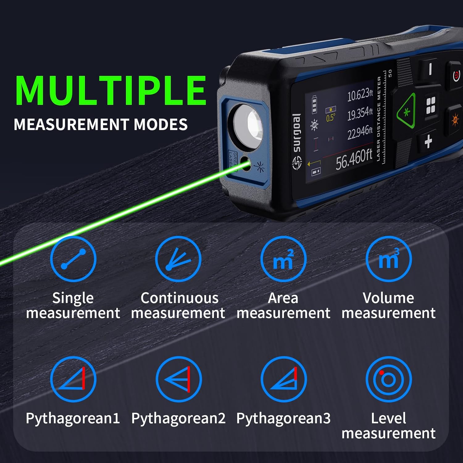 Laser Distance Meter 196ft Digital Laser Measuring Tool with LCD Backlit Display, Pythagorean Mode, Area & Volume Calculation, ±2mm Accuracy, Class II, Electronic Tape Measure for DIY and Construction