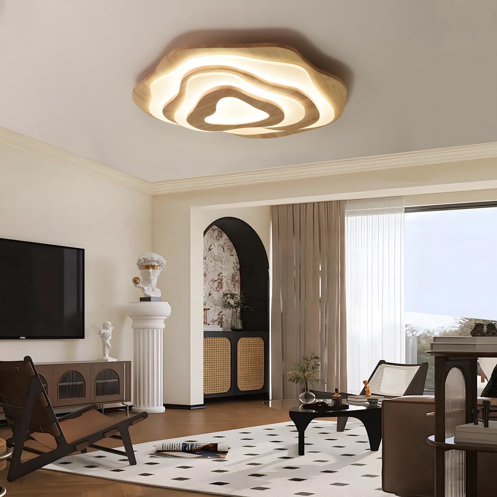 Plafoniera a LED in legno, 50 W = Ø 57 cm, 3500 lm, 3000 K-6000 K, dimmerabile, per camera da letto, soggiorno, paralume in acrilico a forma di cuore, moderna lampada da soffitto rotonda