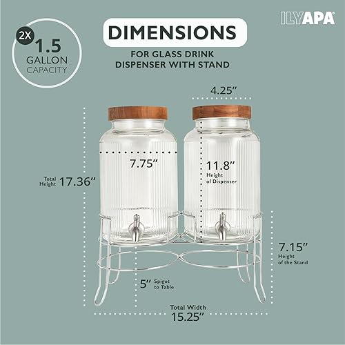 Miniatura 2 de Ilyapa Dispensadores de bebidas de vidrio para fiestas con soporte, paquete de 2, 1.5 galones para agua helada, limonada, jugo, sangría y torre de