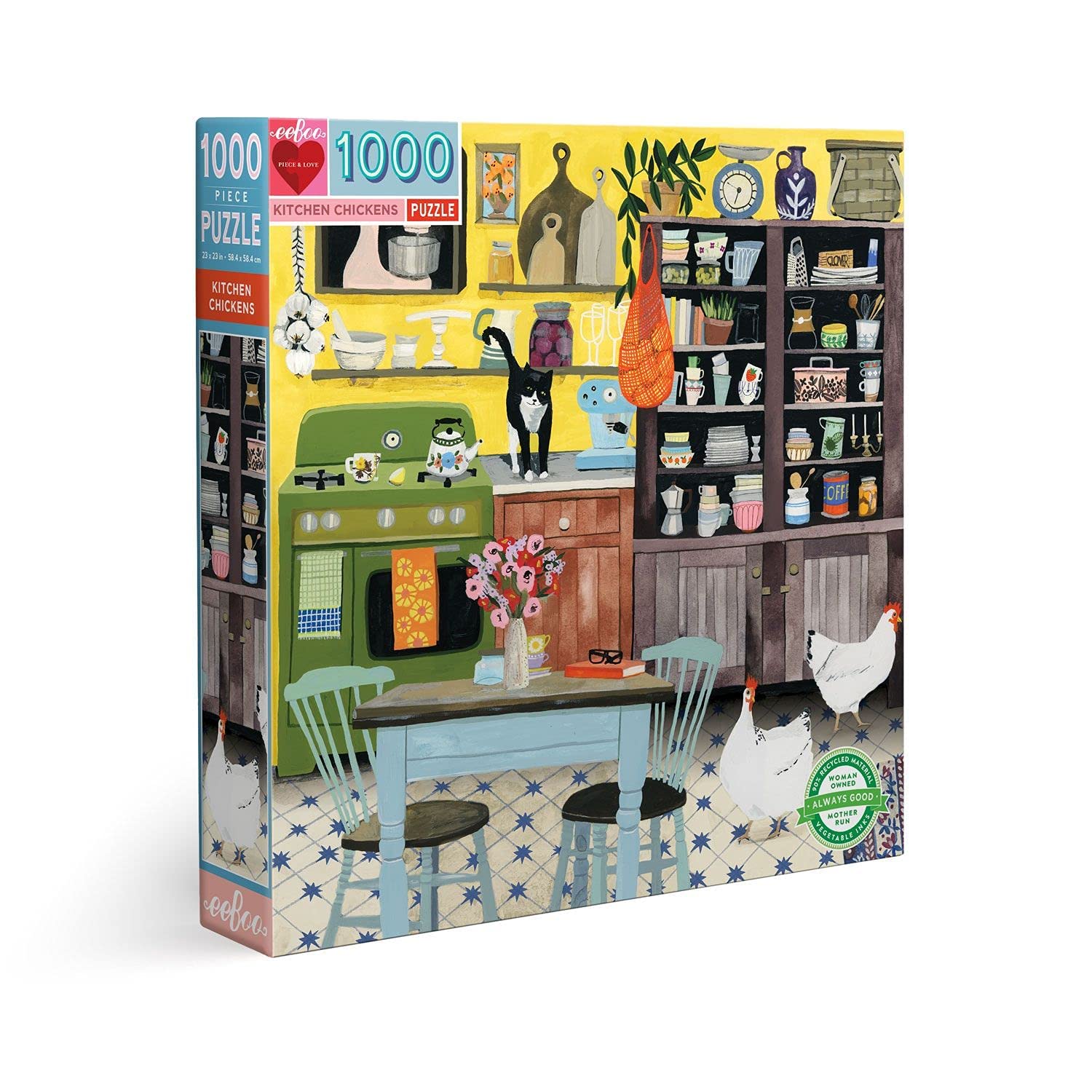 eeBooPiece and Love Kitchen Chickens 1000 Piece Square Adult Jigsaw Puzzle, Puzzle for Adults and Families, Glossy, Sturdy Pieces and Minimal Puzzle Dust