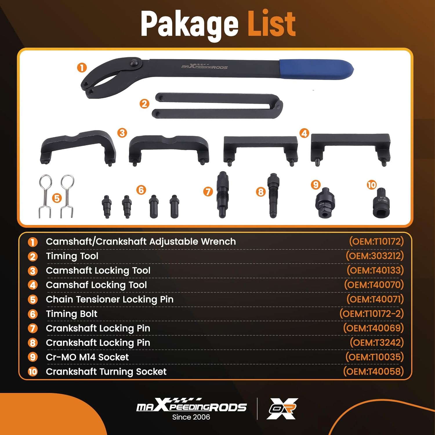 maXpeedingrods Engine Camshaft Locking Timing Tool Kit for VW Audi 2.0, 2.4, 2.8, 3.0T, 3.2, 4.2, 5.2, Touareg Q7 Porsche 3.0T, A4 A6 A6L A8 Q5 Q7 R8, Replace T40133 T40070 303212, 16 PCS