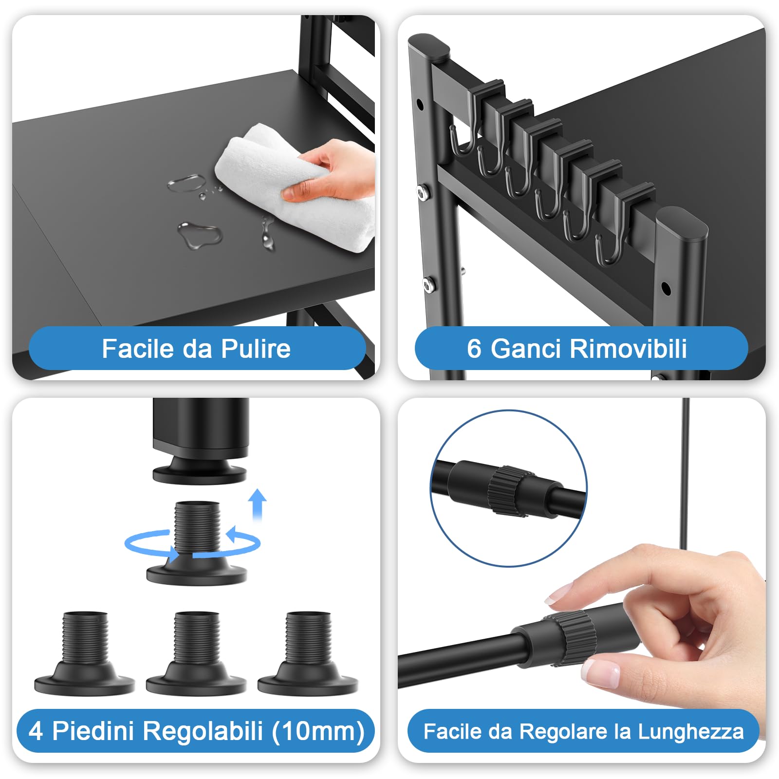 Mensola Microonde Scaffale da Cucina, Ripiani per Microonde con 6 Ganci, Estensibile Porta Microonde,Supporto Microonde