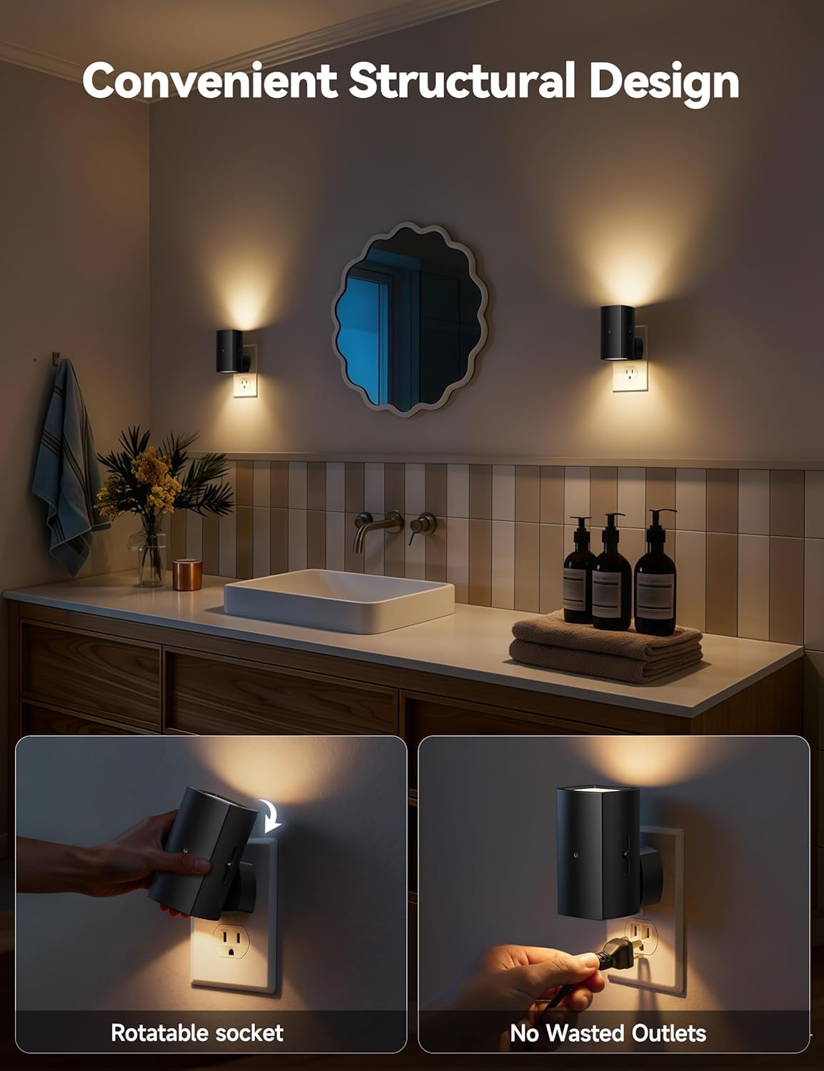 Brightown 2 Pack Night Lights Plug Into Wall, Modern Night Light with Rotating Plug, Dusk to Dawn Sensor, 0-100LM Stepless Dimming Nightlights, Home Decor for Hallway Bedroom Bathroom, Soft White - Image 4