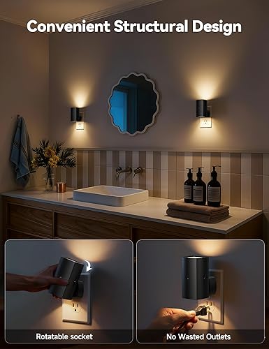 Miniatura 4 de Brightown Paquete de 2 luces nocturnas enchufables a la pared, luz nocturna moderna con enchufe giratorio, sensor de atardecer a amanecer, luz