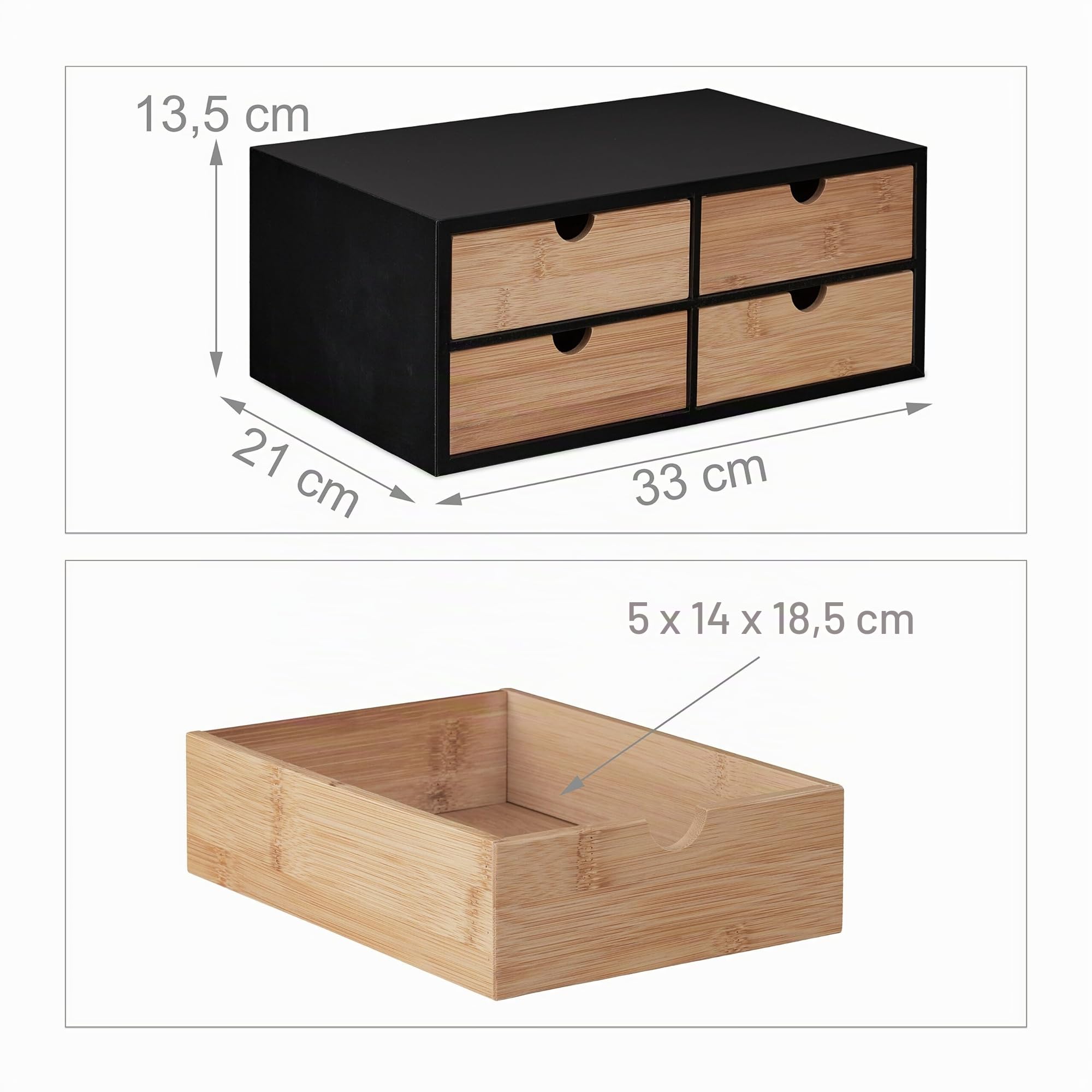 Relaxdays Organisateur Bureau, 4 tiroirs, Bambou & MDF, Rangement pour Fournitures, HxLxP : 13,5x33x21 cm, Nature - Noir
