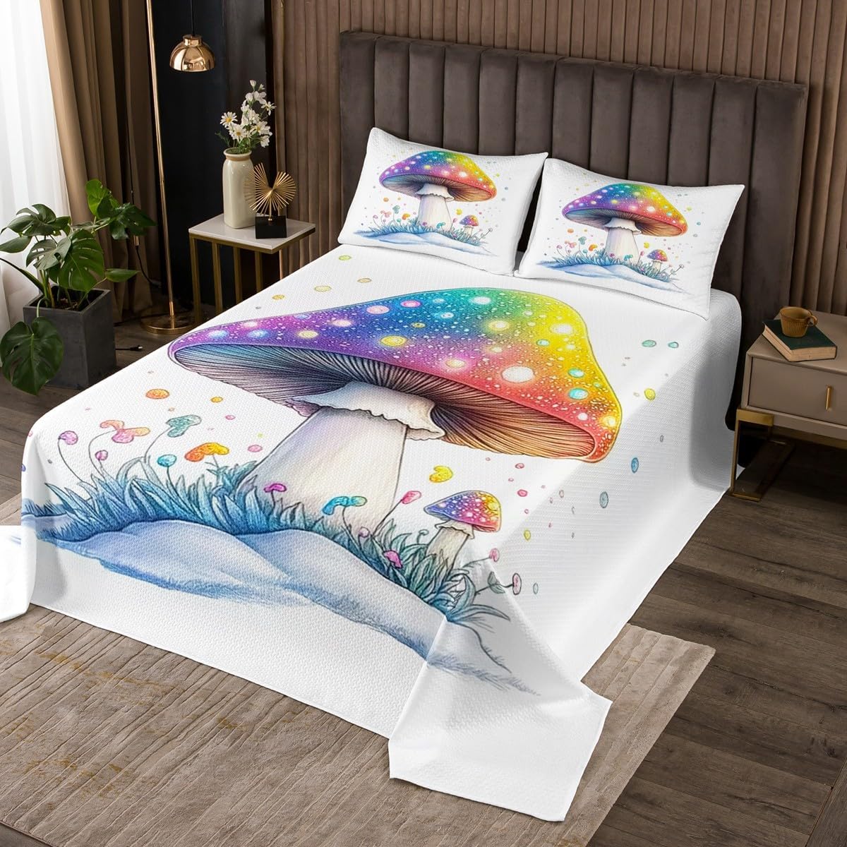 Erosebridal Mushroom Quilt Set Colorful Ombre Plants Bedspread Sets King Neon Starry Sky Coverlet Sets Botanical Fungus Bedding Set for Kids Boys Girls Teen Room Decor