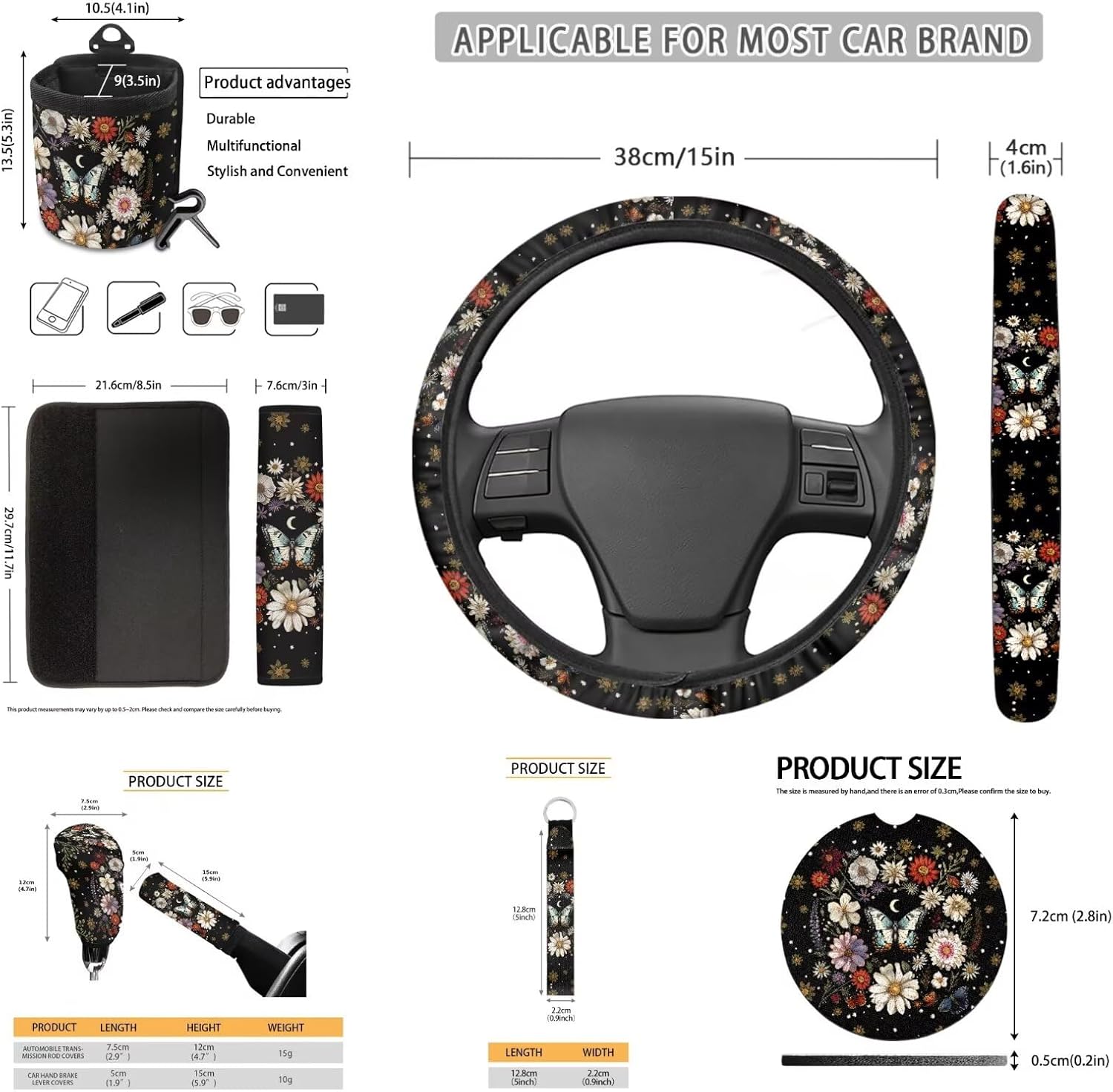 Butterfly 10 Pack Car Steering Wheel Cover Set Non Slip Auto Interior Accessories with Seat Belt Pad,Car Handbrake and Shift Covers,Keychain,Coasters Gift for Holiday