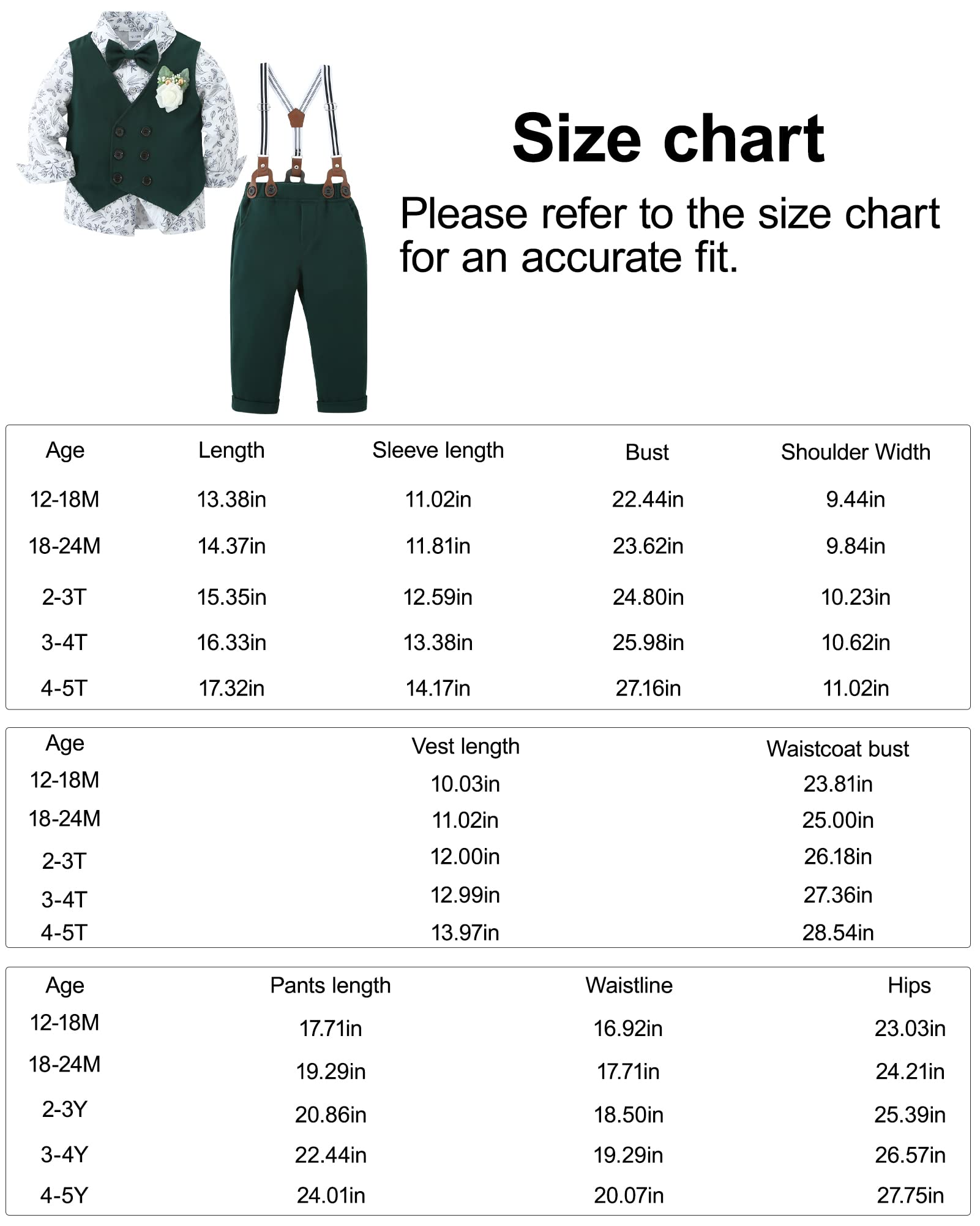 YALLET Ropa para niños pequeños, con pajarita extraíble, manga larga, pantalones con tirantes y bolsillos, de 12 meses a 10 años