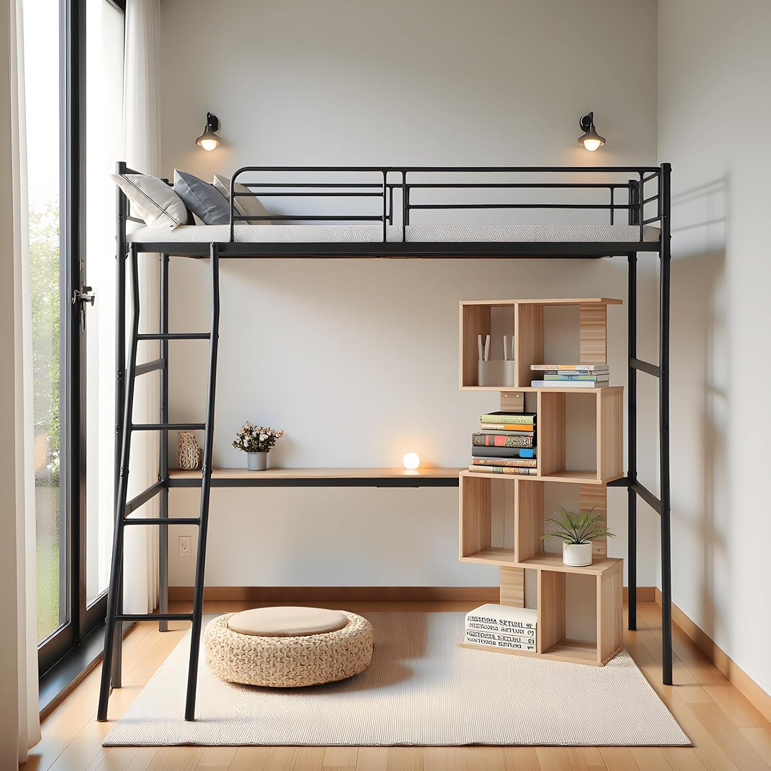 DORAFAIR Lit Mezzanine 1 Place Lit Superposé en Métal per Matelas de 90 x 200 CM avec Escalier pour Adultes et Enfants, Sécurité Garde-Corps et Espace Libre en Dessous, Noir