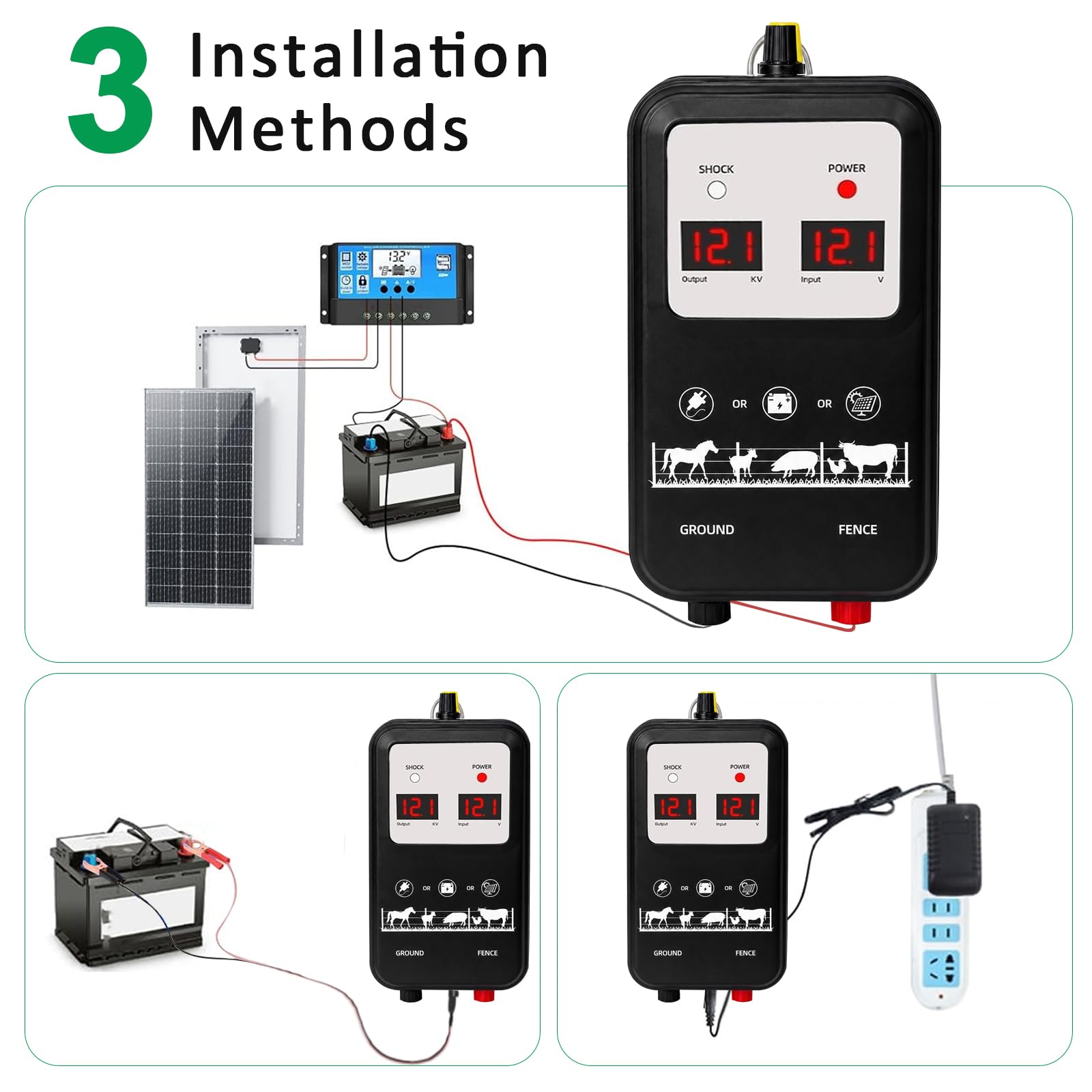 15KM Electrificador de valla eléctrica con carcasa impermeable, kit de valla con aisladores anulares y alambre de valla, tensión de salida ajustable 12 kV – 13,5 kV, para protección de animales