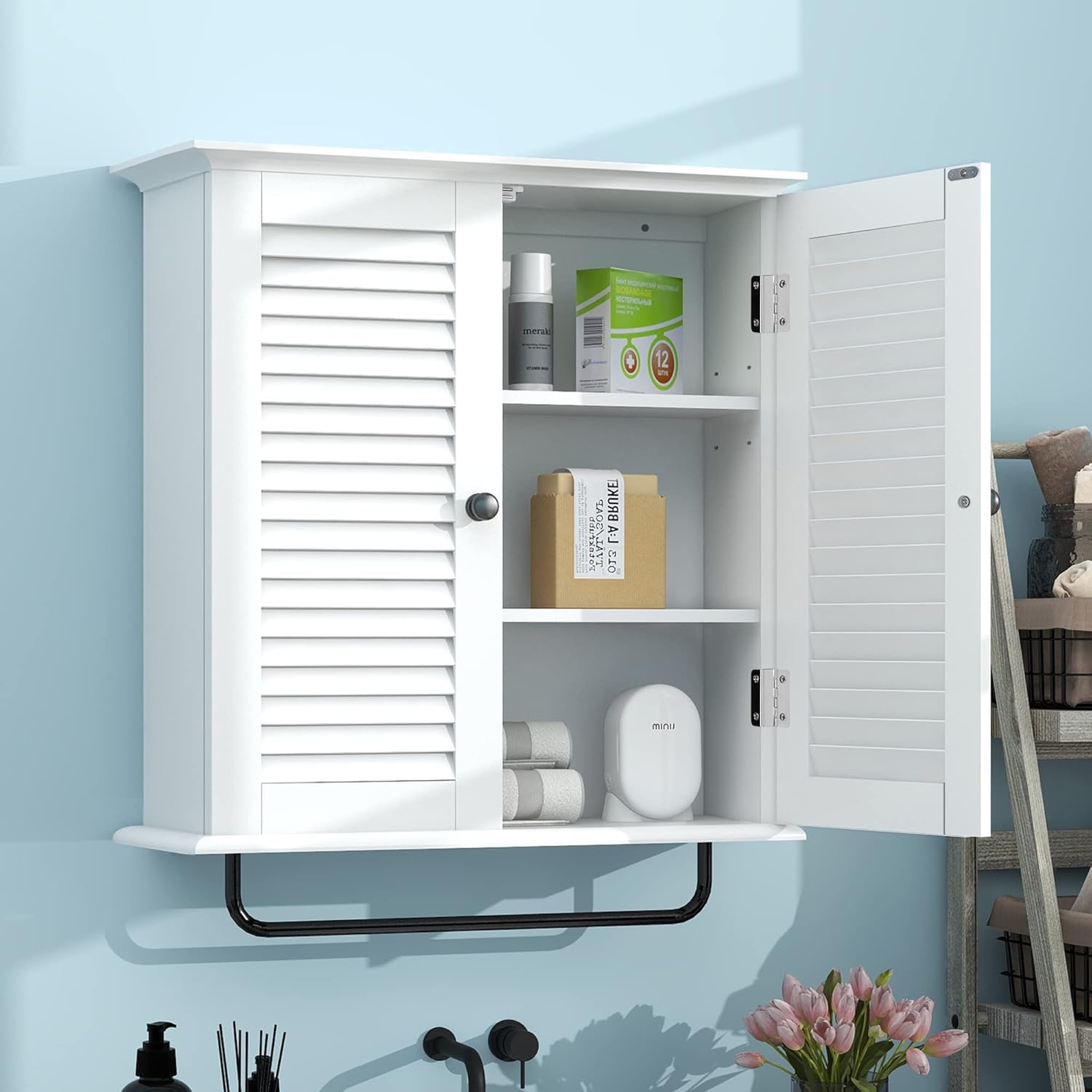 TaoHFE Bathroom Cabinet Wall Mounted White Designer Bathroom Wall Cabinet Medicine Cabinet with Double Shutter Doors 3 Tier Adjustable Shelf with Towel Rack Over The Toilet Storage Cabinet Laundry