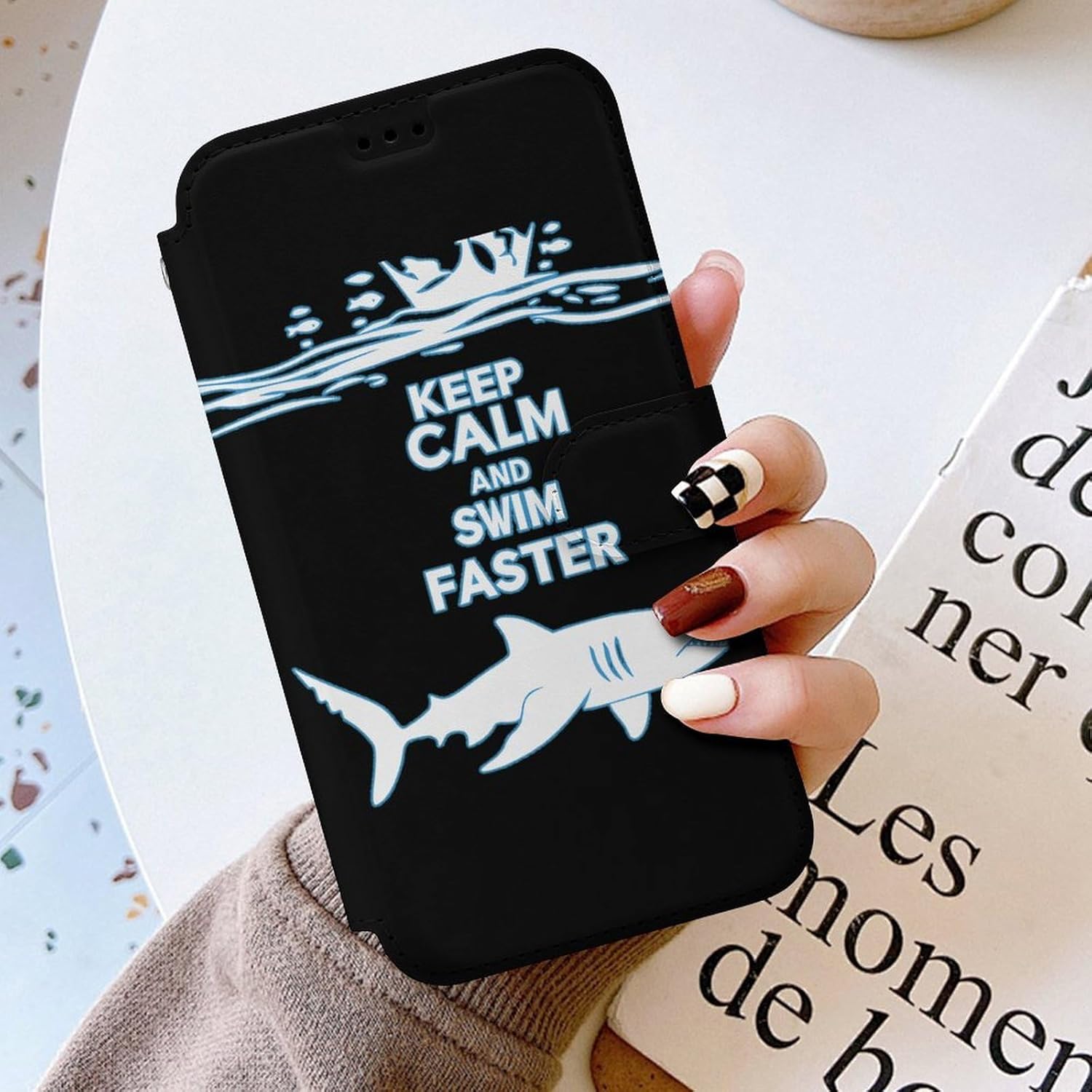 Keep Calm and Swim Faster Compatible with iPhone 16/16 Plus/16 Pro/16 Pro Max/16 E Case Phone Wallet Card Holder Flip Cover with Wrist Strap