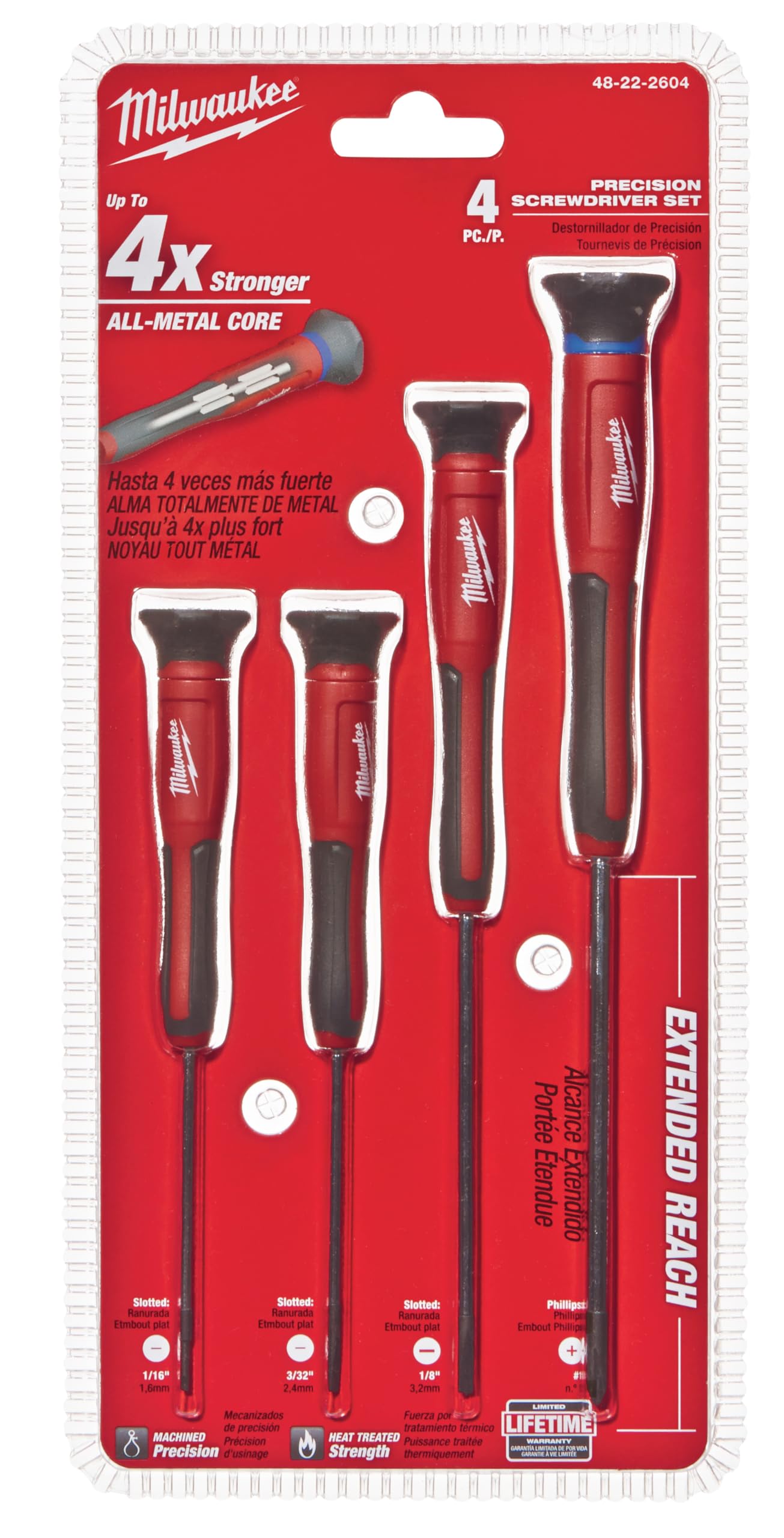 Milwaukee 48-22-2604 4-Piece Precision Screwdriver Set with 360 Degree Rotating Back Caps and Color Coded Identification Markings