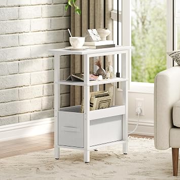 MAHANCRIS Narrow Side Table with Charging Station, 3 Tier Small End Table for Small Spaces, Slim Side Shelf with Storage, for Living Room, Bedroom, White AETBW125KE01