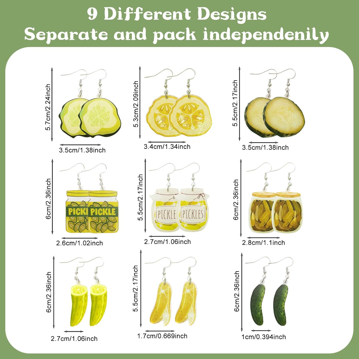 Cute Jewelry Earring Set, 9 Pair Pickle Earrings with Stud and Hook Acrylic Dangle Designs, Whimsical Pickle Themed Gifts, Funny Novelty Earrings for Women, Playful Accessories for Daily Wear - Image 2