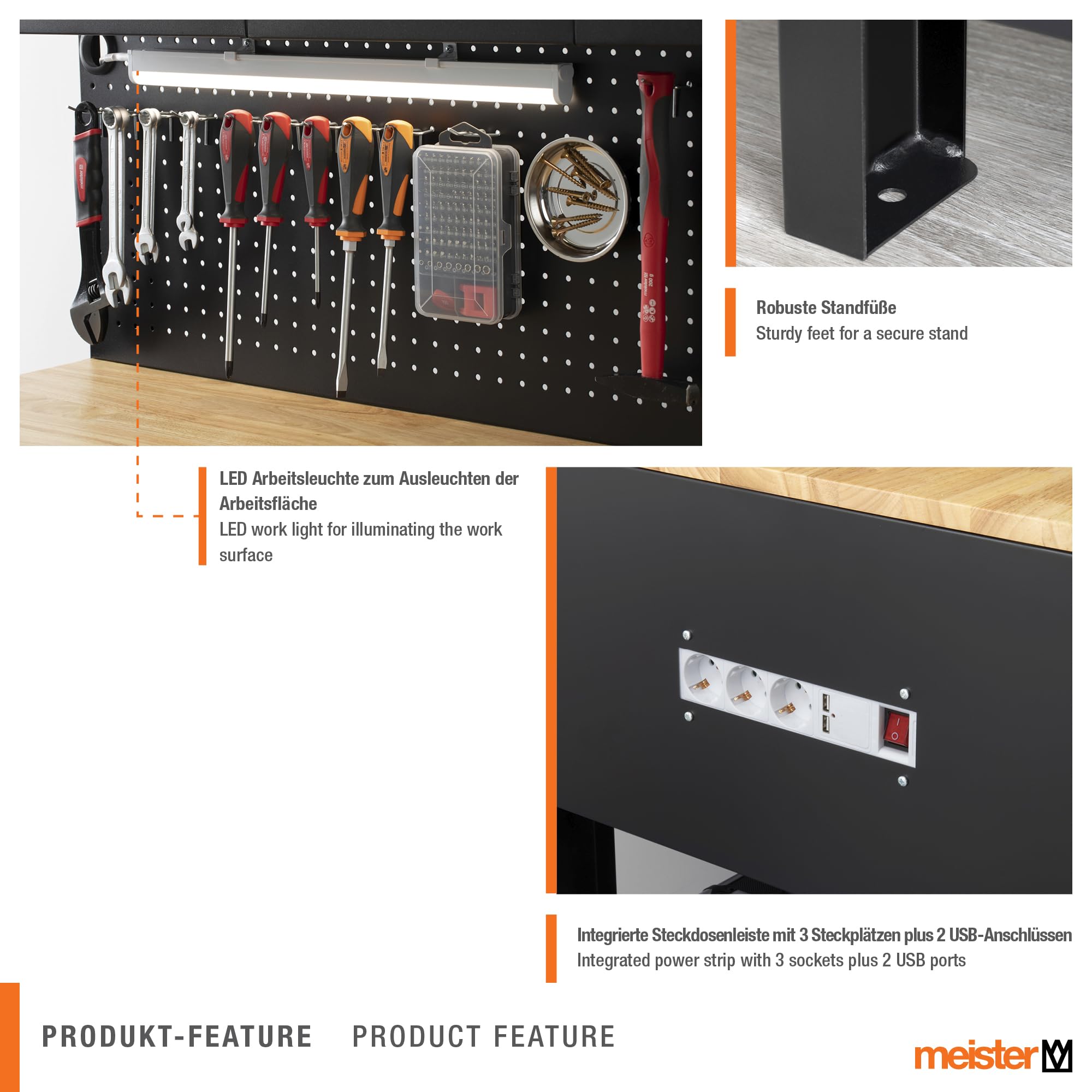 Meister Werkbank 1400 x 1140 x 610 mm - 200 kg Tragkraft - Vier Schubladen, Lochrückwand & drei Ablagefächer - Mit LED-Arbeitsleuchte & integrierter Steckdosenleiste - Aus Stahl / Werktisch / 9079700