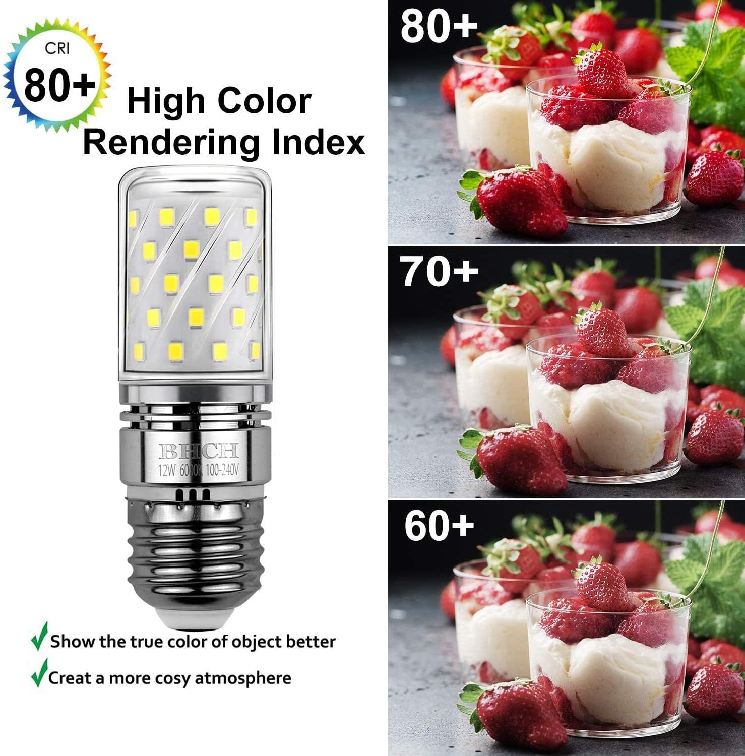 E26 LED Corn Bulbs, 12W, 6000K Daylight White, 1200LM, Edison Screw Base, 100W Incandescent Equivalent, Pack of 4