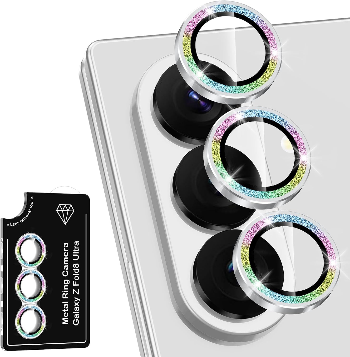 for Samsung Galaxy Z Fold 8 Ultra Camera Lens Protector, Individual Metal Ring Tempered Glass Lens Cover, [Strong Adsorption] Scratch Resistant Ultra-Thin HD Clear Lens Cover, 1 Set-Colorful Sparkly