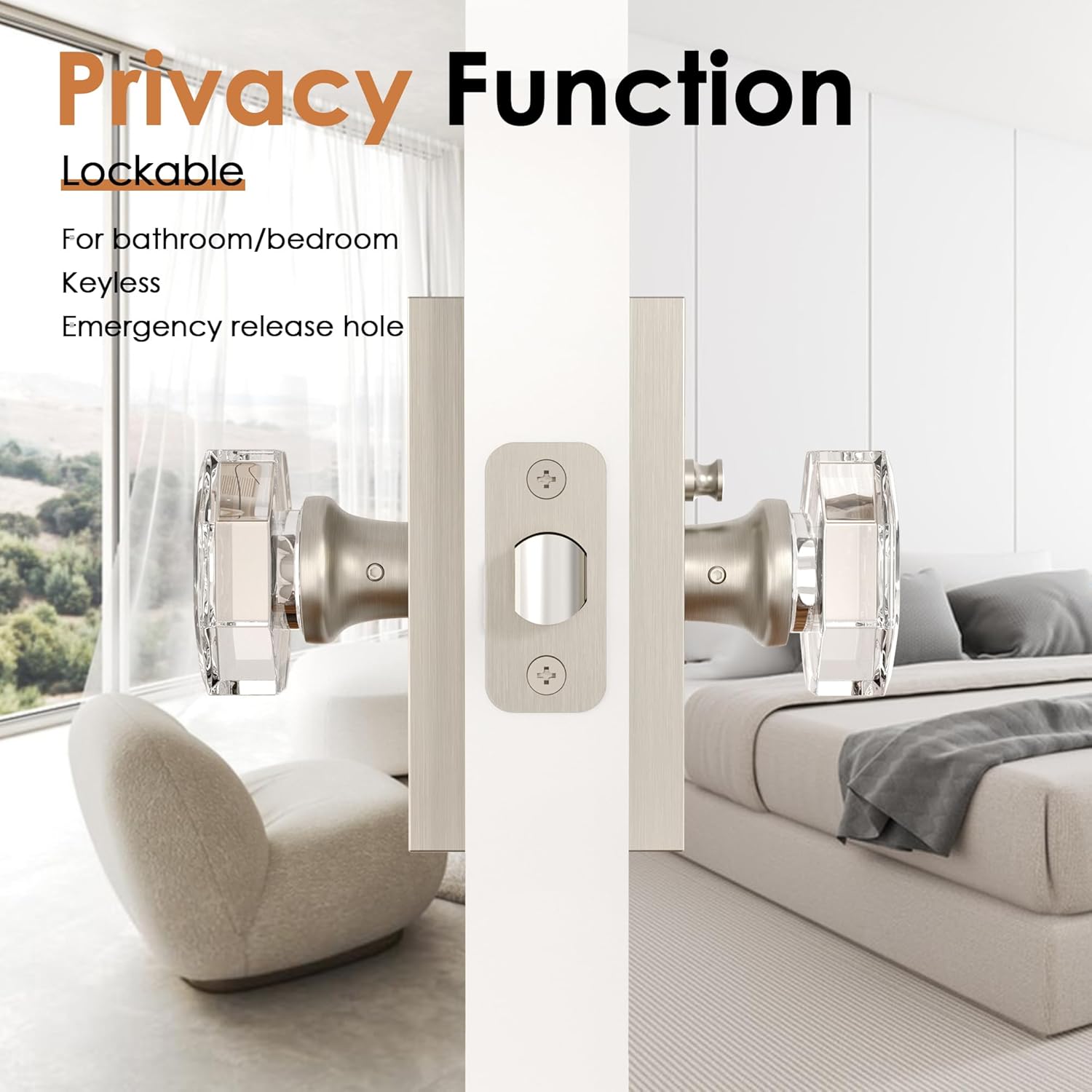 Brushed Nickel Door Knobs Crystal Door Knob Interior with Lock, Privacy Octagon Glass Door Knob for Bed and Bathroo, 1 Pack