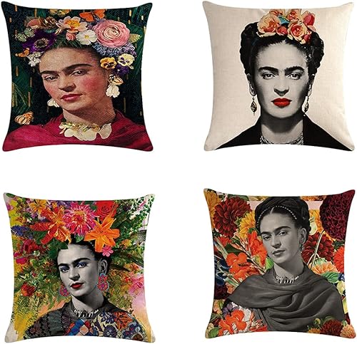 Miniatura 1 de gircat 4 fundas de almohada Frida Kahlo de lino y algodón con autorretrato de pintura al óleo, sofá, funda de cama de 18 x 18 pulgadas, patrón 1 (14)