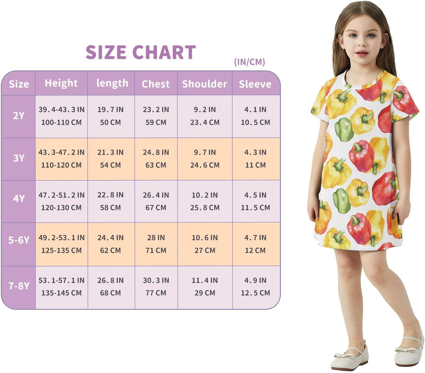 Colored Vegetable Girls Dresses Summer Dresses for Girls with Cotton Short Sleeves for Casual a Line Dress Size 2-8Y