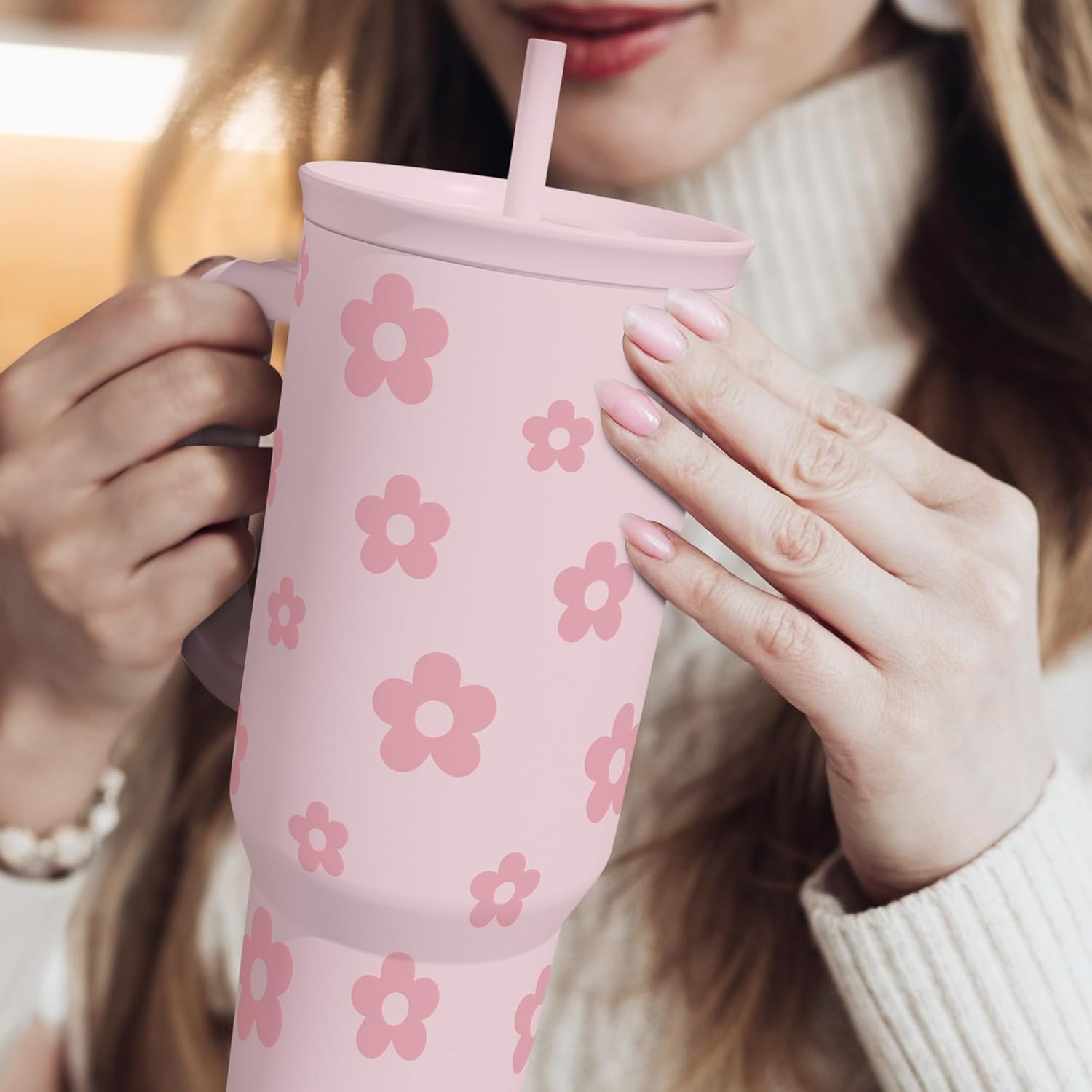 SANDJEST Floral Tumbler with Handle and Straw 40oz Stainless Sleel Slider Tumbler Travel Coffee Mug for Women - Gift Idea for Birthday Christmas - Image 6