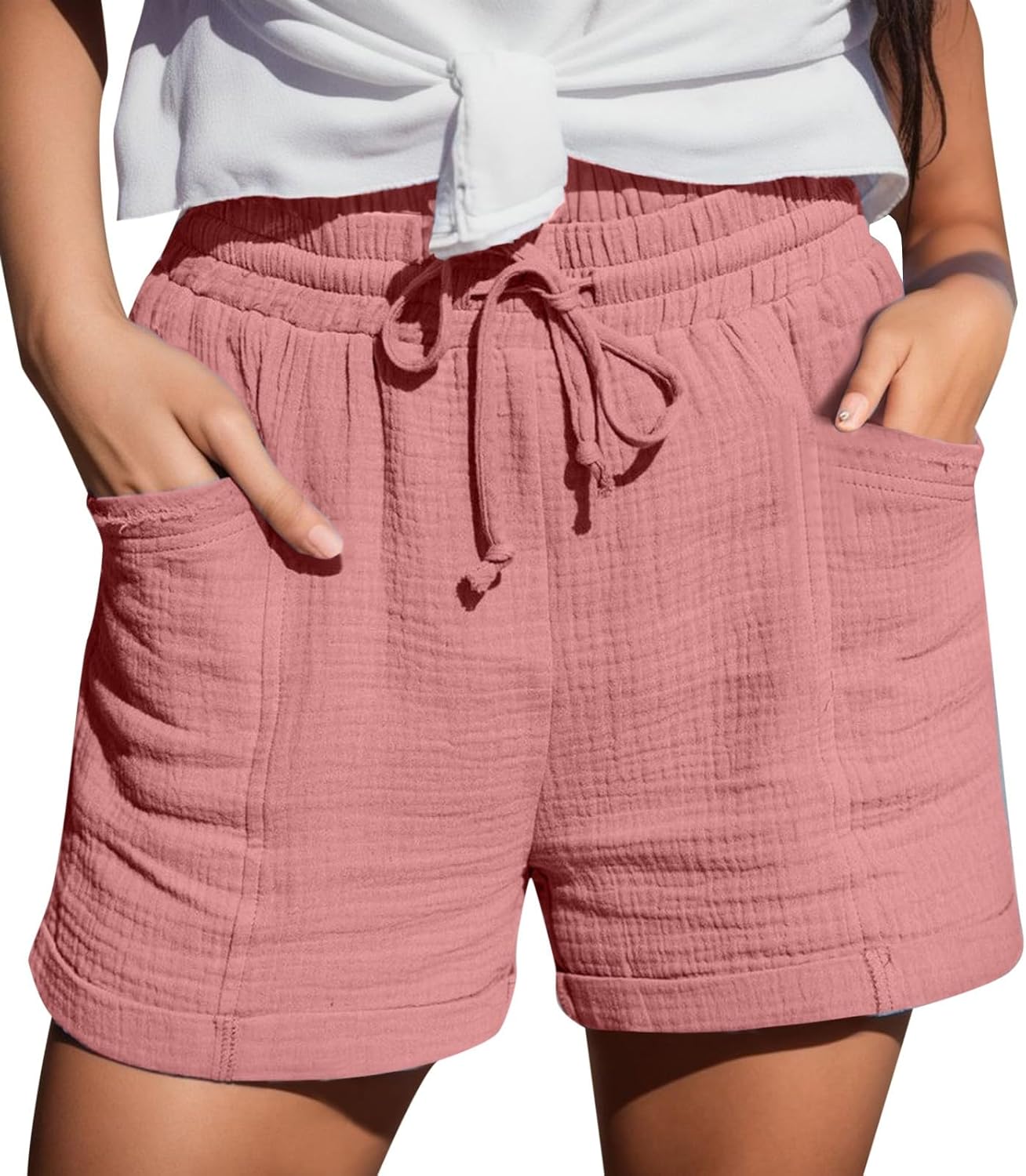 Leinen Shorts Damen - Leichte Musselin Bermudas Mit Kordelzug & Taschen Für Sommer