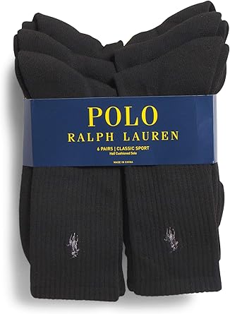 Polo Ralph Lauren Mens Classic Ribbed Crew Socks - 6 Pack Black