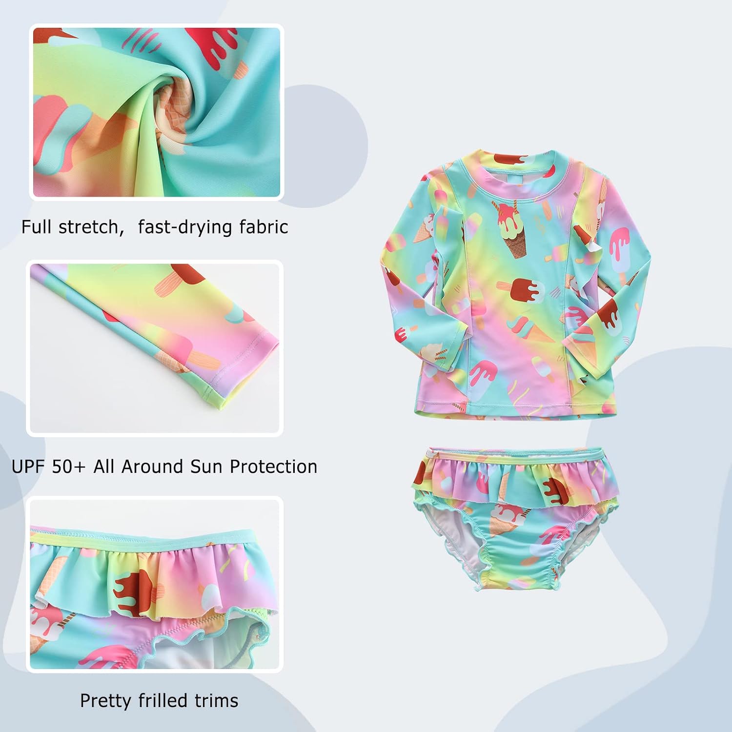 Baby Girls Two Piece Rash Guard Swimsuits Set Long Sleeve Hawaiian Bathing Suits with UPF 50+ Sun Protection
