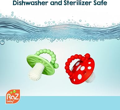 RaZbaby Chompy Silicone Baby Teether Toy for Infants, Red and Green