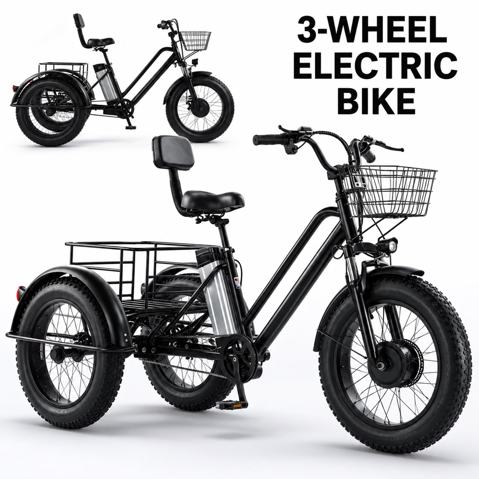 Tricycle Électrique Pour Adultes – Vélo Électrique À 3 Roues Et Pneus Larges (Fat Tire) De 20 Pouces, Avec Batterie Amovible – Vélo Cargo À Cadre Bas, Charge Maximale 200Kg Et Grand Panier