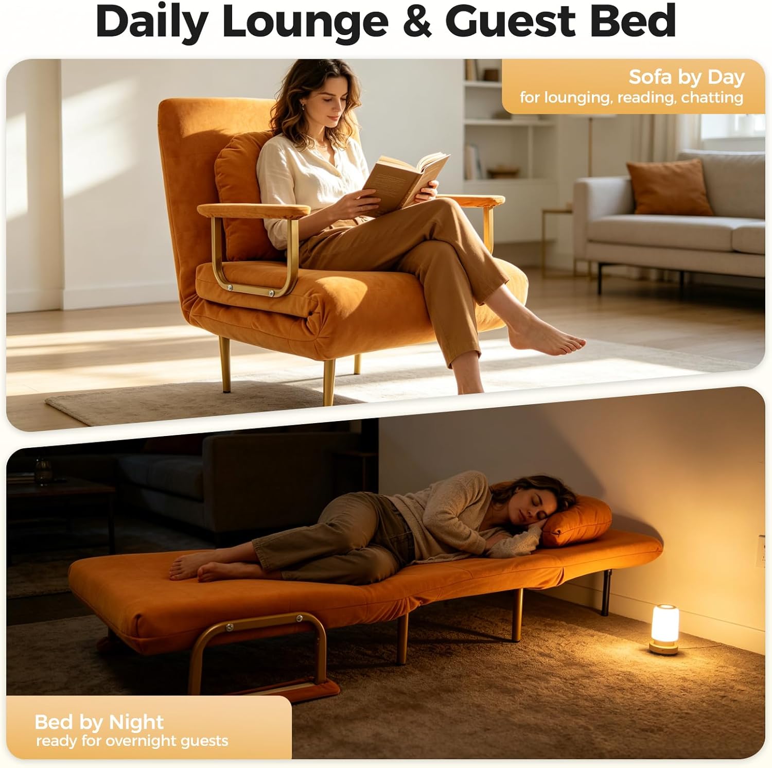 Folding Sofa Bed, Convertible Chair with 5-Position Adjustable Backrest & Pillow, 3 in 1 Sleeper Chair Bed for Living Room Bedroom Office (Orange)
