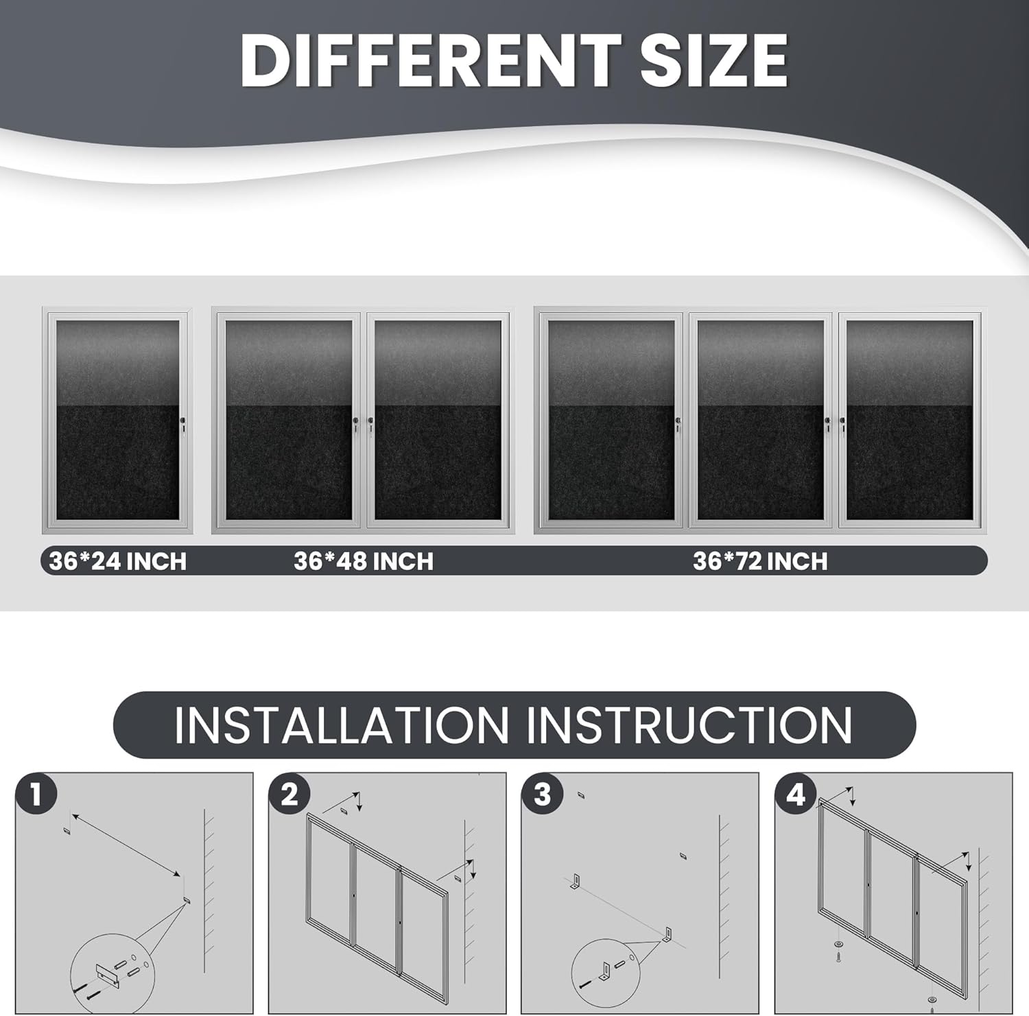 72"x36" Lockable Enclosed Bulletin Board, Outdoor Flet Weather-Resistant Aluminum Frame Notice Board, Wall Mounted Display Case Acrylic Doors for School,Office,Silver Frame w/Black Flet