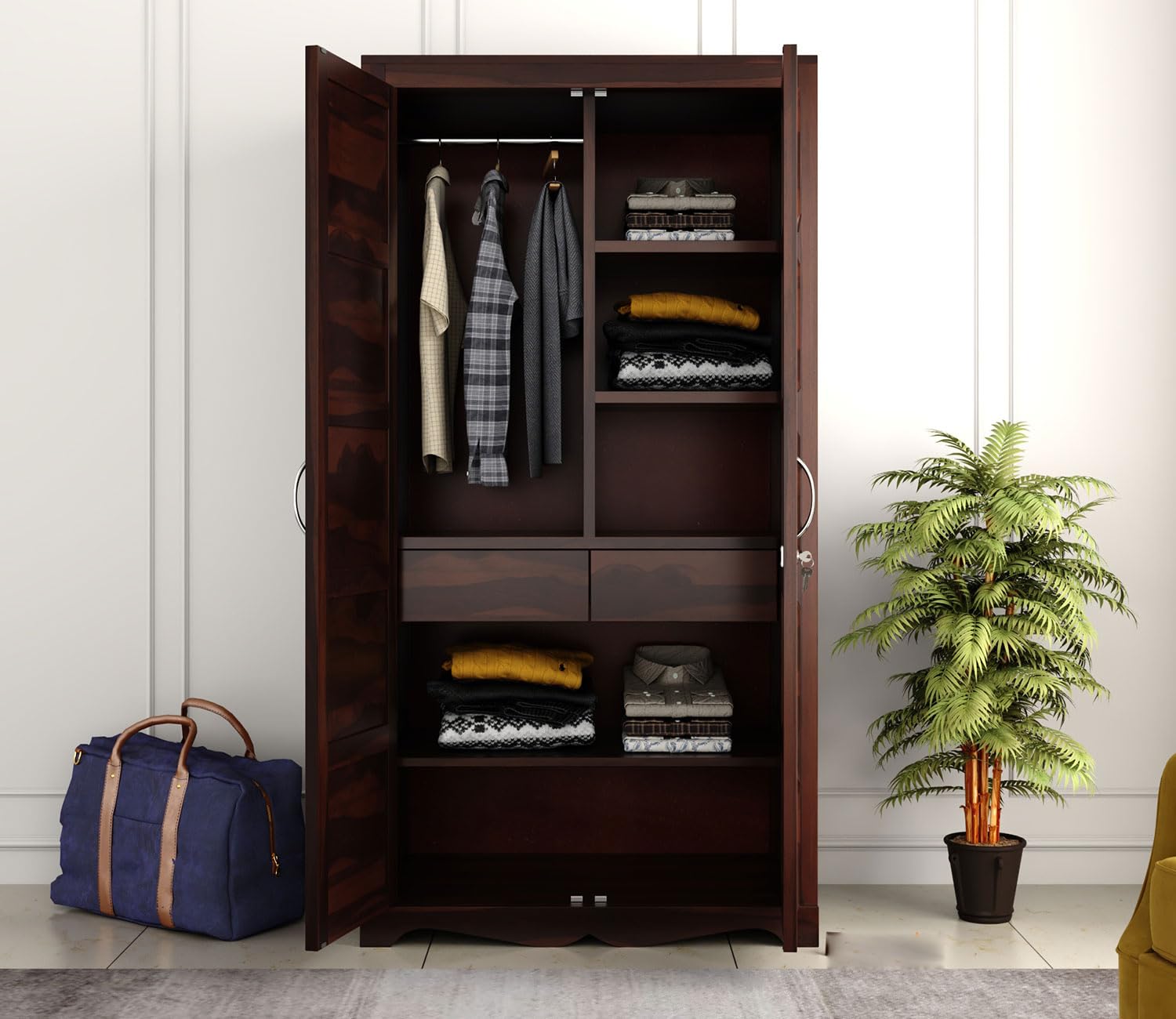 BedCult Furniture Wooden 2 Door Wardrobe for Clothes with 2 Drawer 6 Shelf Storage & Hanging Space - Sheesham Wood Almirah for Bedroom - Solid Wood Large Cupboard (Walnut Finish)-image-12