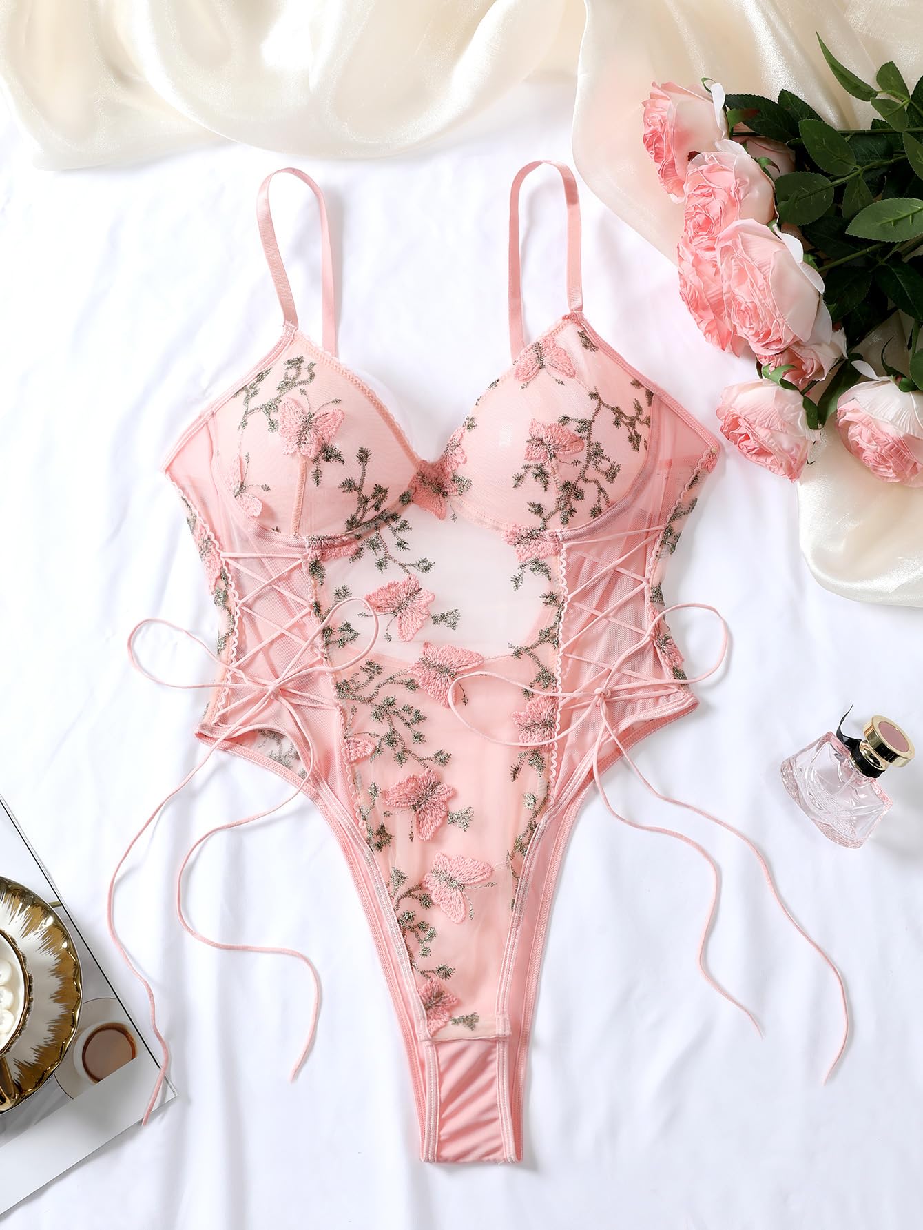 Lilosy Lencería sexy con cordones florales y aros