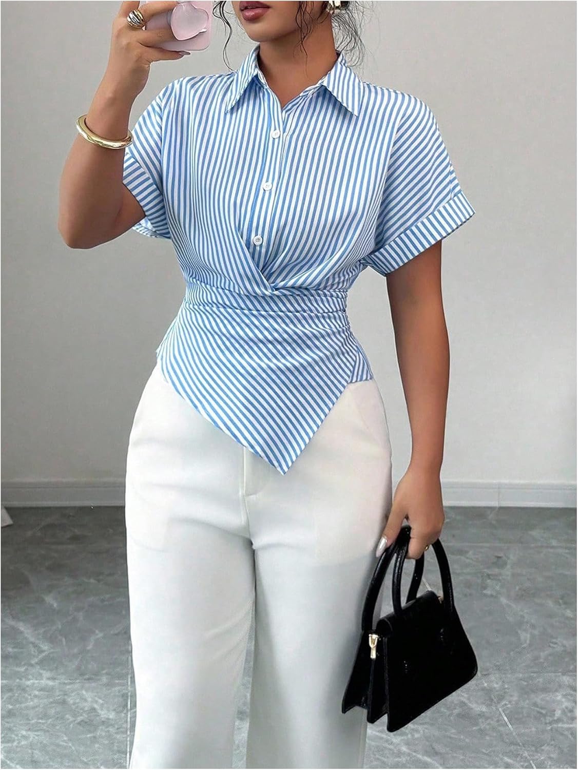 SweatyRocks Women's Short Sleeve Button Down Collared Blouse Striped Wrap Tie Asymmetrical Top - Image 4
