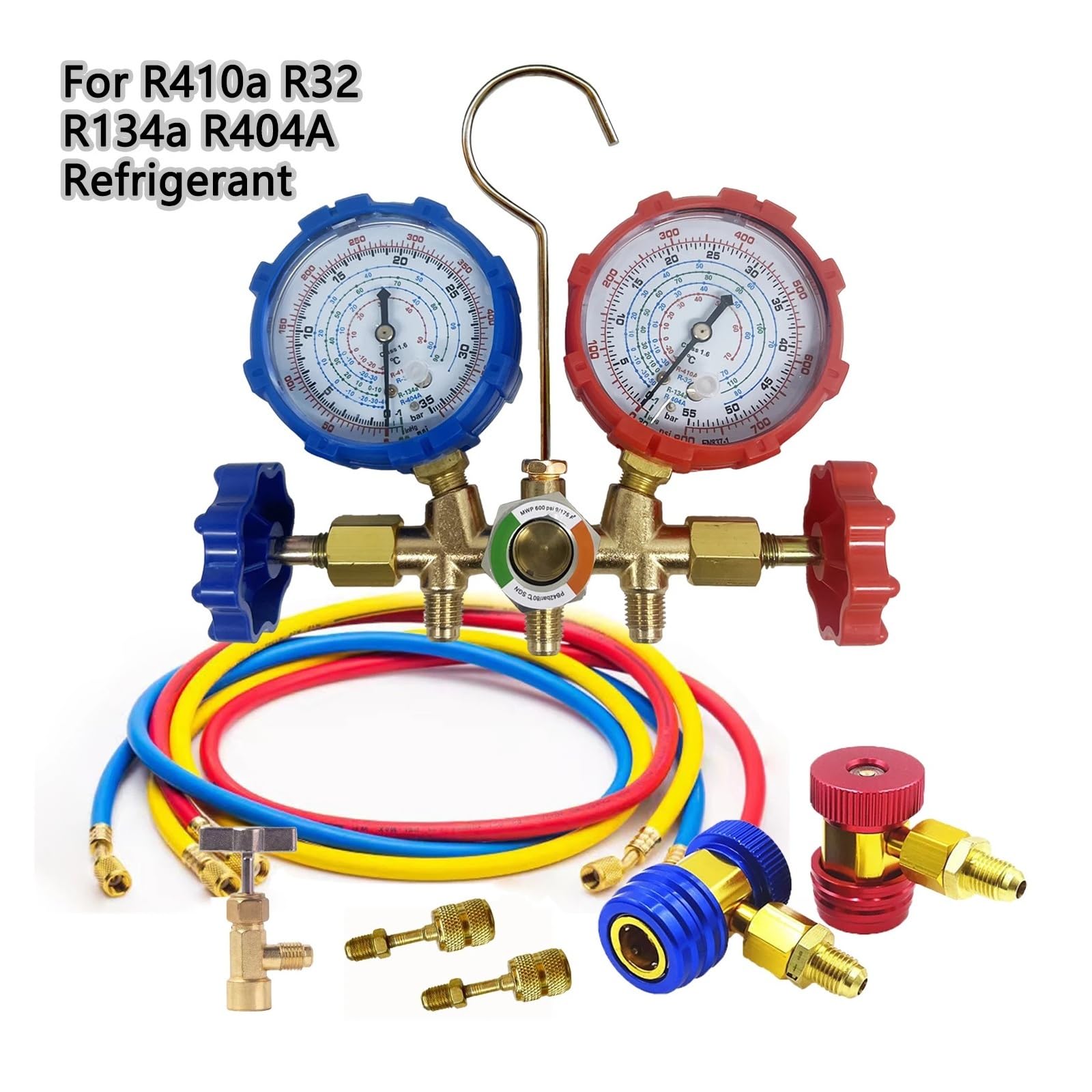 AC-Kältemittel-Nachfüllset, Klimaanlagen-Manometer mit Schlauch und Haken, 3-Wege for R12, R32, R404A, R134a Kompatibel(SET B)
