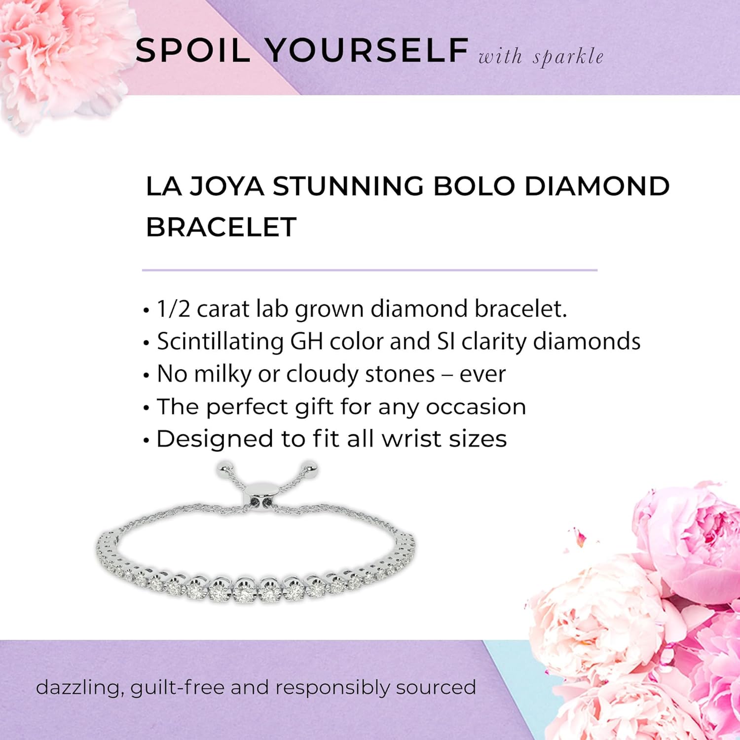 La Joya Bolo Diamond Bracelet for Women | 1/4-1/2 CT. TW. Adjustable Lab Grown Diamond Bracelet | Fits Any Wrist Size