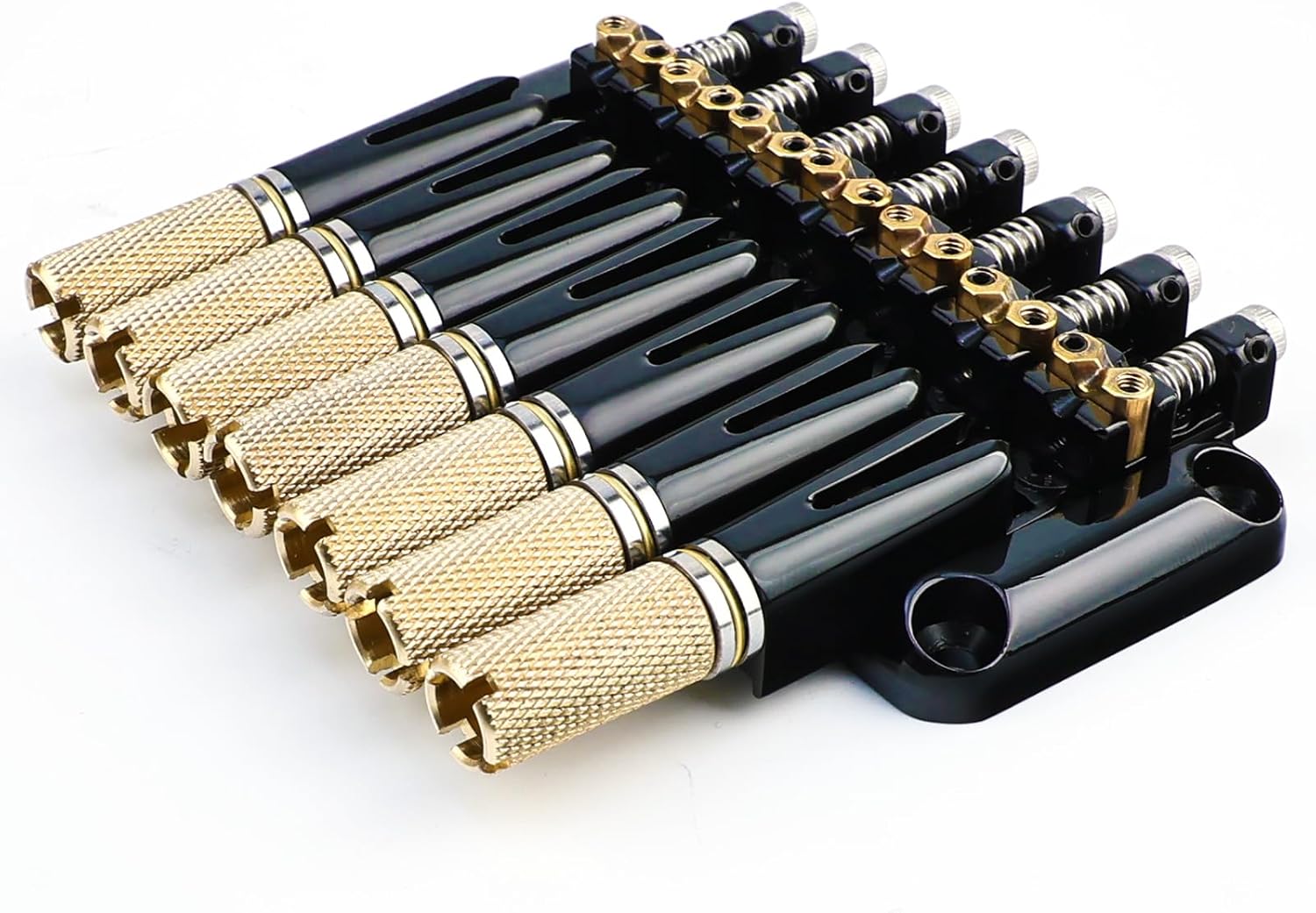 Headless 7-String Guitar Bridge 10.5mm Fixed Bridge -Brass Saddles Zinc Alloy Plate, Stable Intonation，Easy Installation/Adjustment, Fits Most 7-String Headless Guitars （Gold Tailpiece Nut）