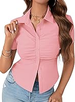 Vista 8 de LYANER Blusa de trabajo de manga corta acanalada con cuello en V y botones para mujer