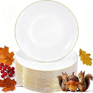 Nervure 100 Pieces Gold Plastic Plates - 10.25 inch Gold Dinner Plates - Heavyweight White and Gold Disposable Plates Ideal for Wedding & Party & Thanksgiving