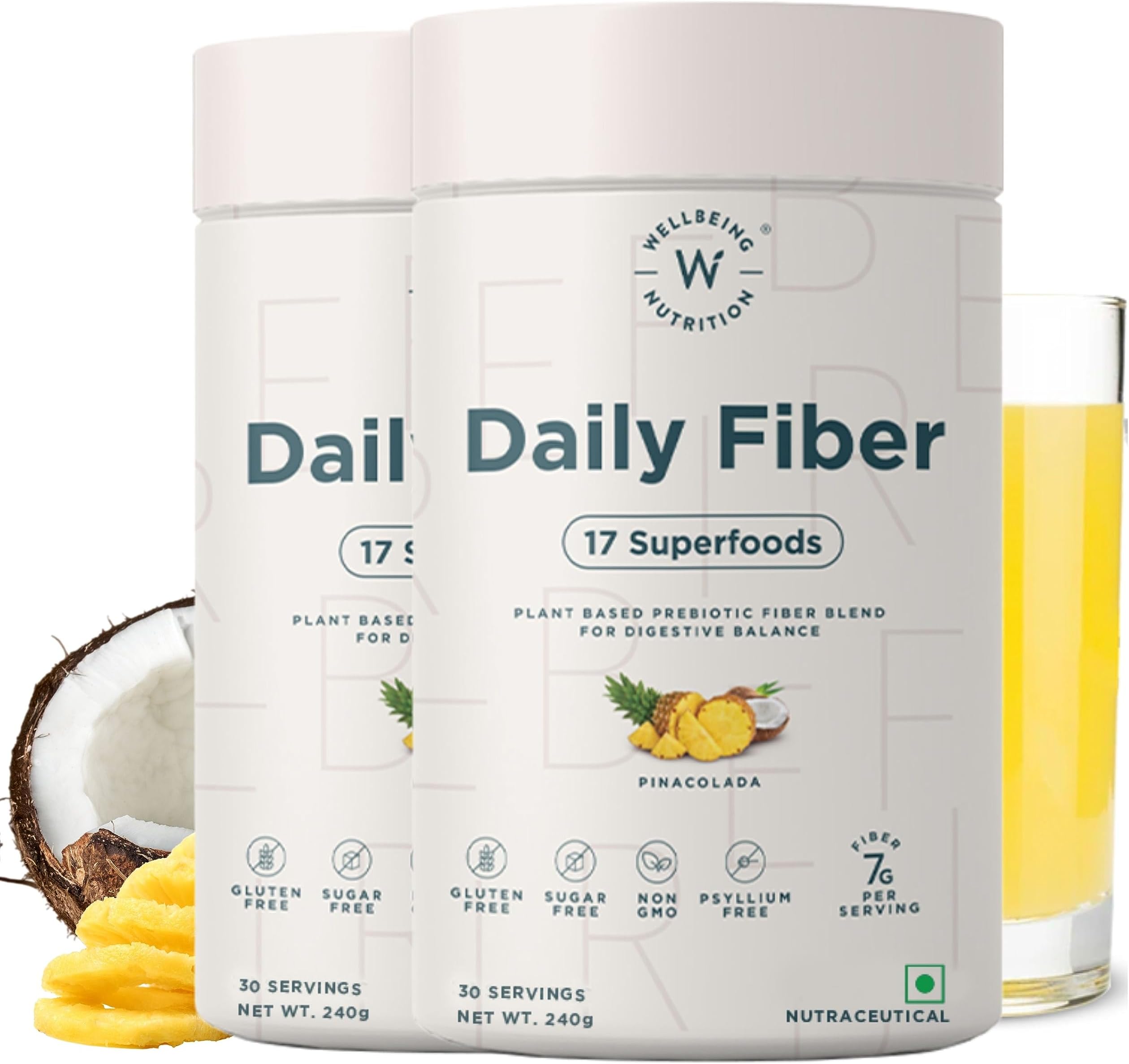 Daily Fiber Powder | Weight Management, Manages Sugar Control, Bloating, Constipation & Acidity Relief | Organic Prebiotic Digestive Fiber Supplement | Pina Colada | 60 Servings