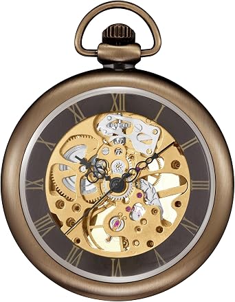 ShoppeWatch Mens Pocket Watch with Chain | Wind Up Pocket Watch | Open Face Transparent Mechanical Movement Pocketwatch and Chain | 1920s Railroad Steampunk Costume Accessory
