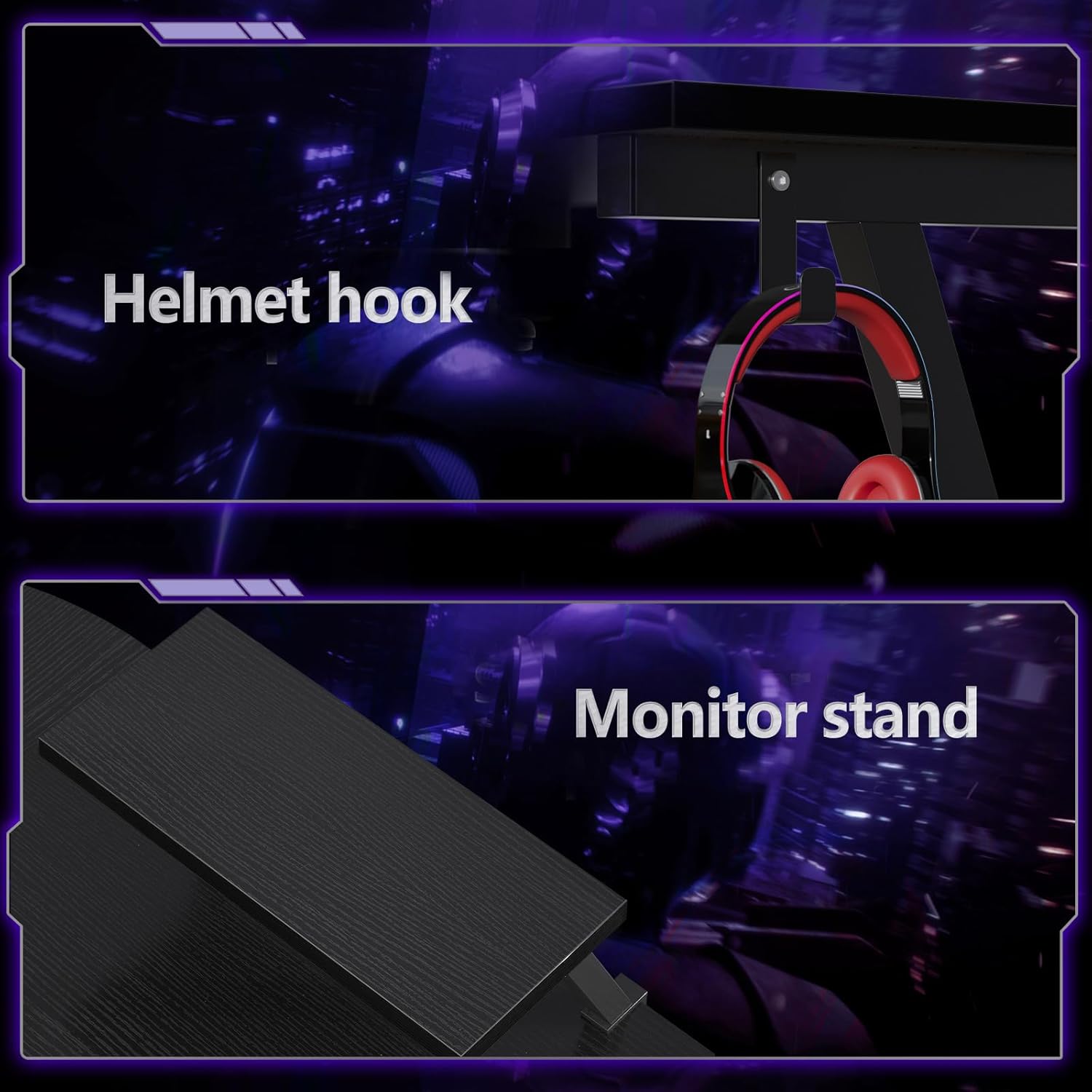 Close-up showing the helmet hook attached underneath the desk and the monitor stand on top of the desk.