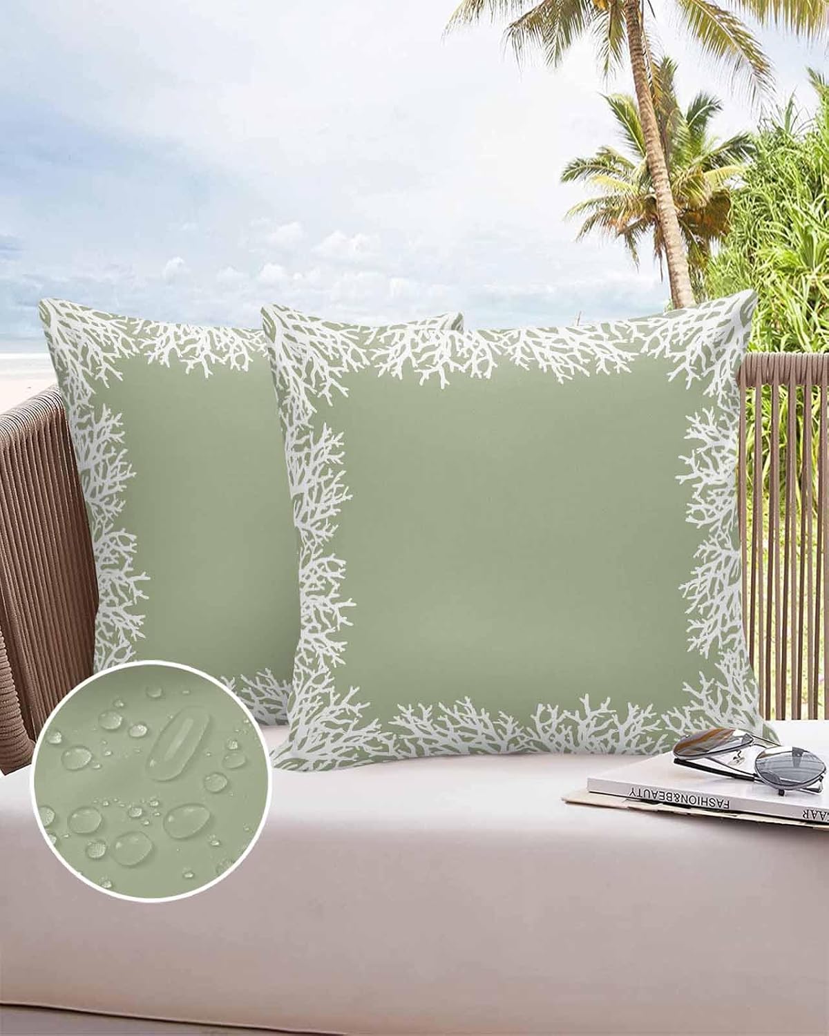 Vandarllin Outdoor Throw Pillows Covers 20x20 inch Set of 2 Waterproof Sage Green Coral Decorative Zippered Cushion Covers for Patio Furniture, Coastal Marine Life Lumbar Pillowcases