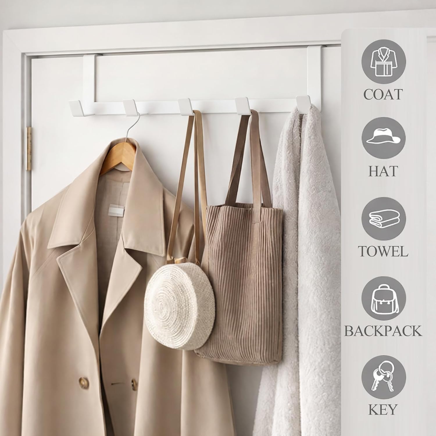 Chumia Over The Door Hooks for 1-3/8" Thin Doors, 5-Hook Minimalist Door Hanger Rack, Space Saving Coat Holder for Hanging Towels, Clothes, Backpacks, College Dorm Essentials, White