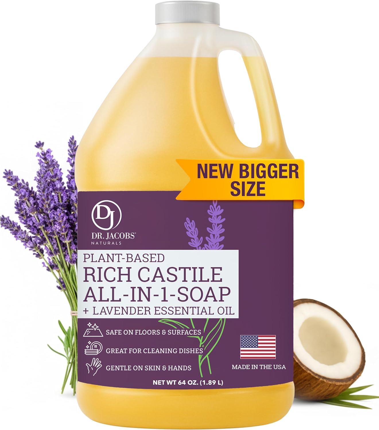 Dr. Jacobs Naturals Pure Castile Soap, 64 oz Value Size – Lavender – Made in USA – All-in-One Plant-Based Multipurpose Cleaner for Floors, Counters, Dishes & Laundry, Gentle on Skin, Biodegradable